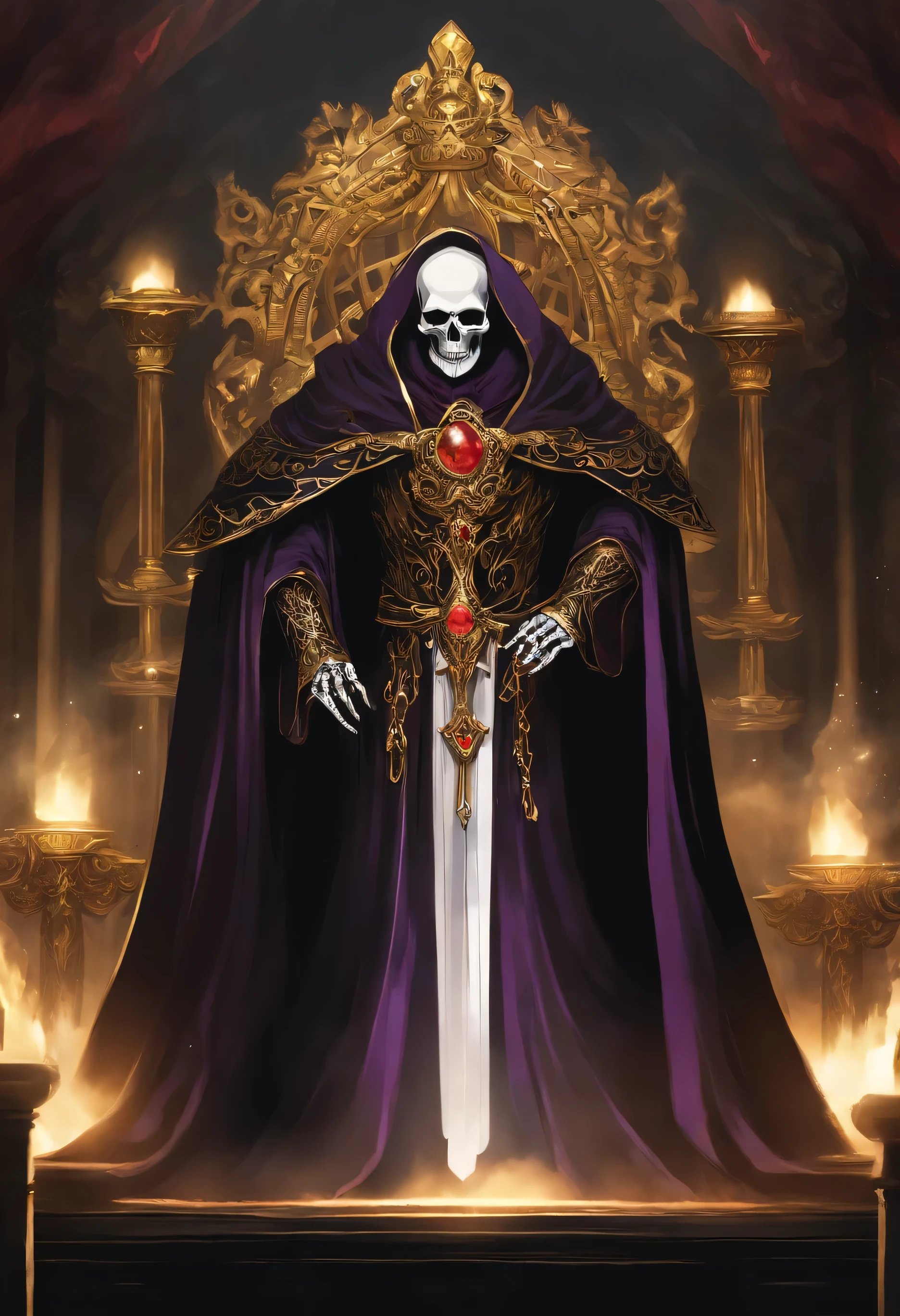 "Create a high-definition image of Ainz Ooal Gown, the powerful lich from the anime. He stands tall with an imposing skeletal structure, wearing an elaborate black tunic adorned with gold and purple details. The tunic features wide, flowing sleeves, adding to his grandeur. A long, elegant cape flows to the ground, enhancing his majestic appearance.
He is adorned with a golden necklace encrusted with colorful gems, signifying his leadership status. In one hand, he holds a staff decorated with multiple shining gems, symbolizing his supreme power. A simple yet imposing golden crown rests upon his skeletal head.
Ainz's skull, devoid of flesh, has two glowing red orbs in place of eyes, exuding a sinister and powerful aura. His skeletal hands are often seen gripping his staff or making magical gestures. Despite lacking facial muscles, his presence radiates authority, power, and mystery.
He is depicted seated on an elaborate throne within a grand throne room. The ambiance is dark and mystical, with torches or glowing crystals illuminating the background, adding to the eerie and powerful atmosphere of the scene."