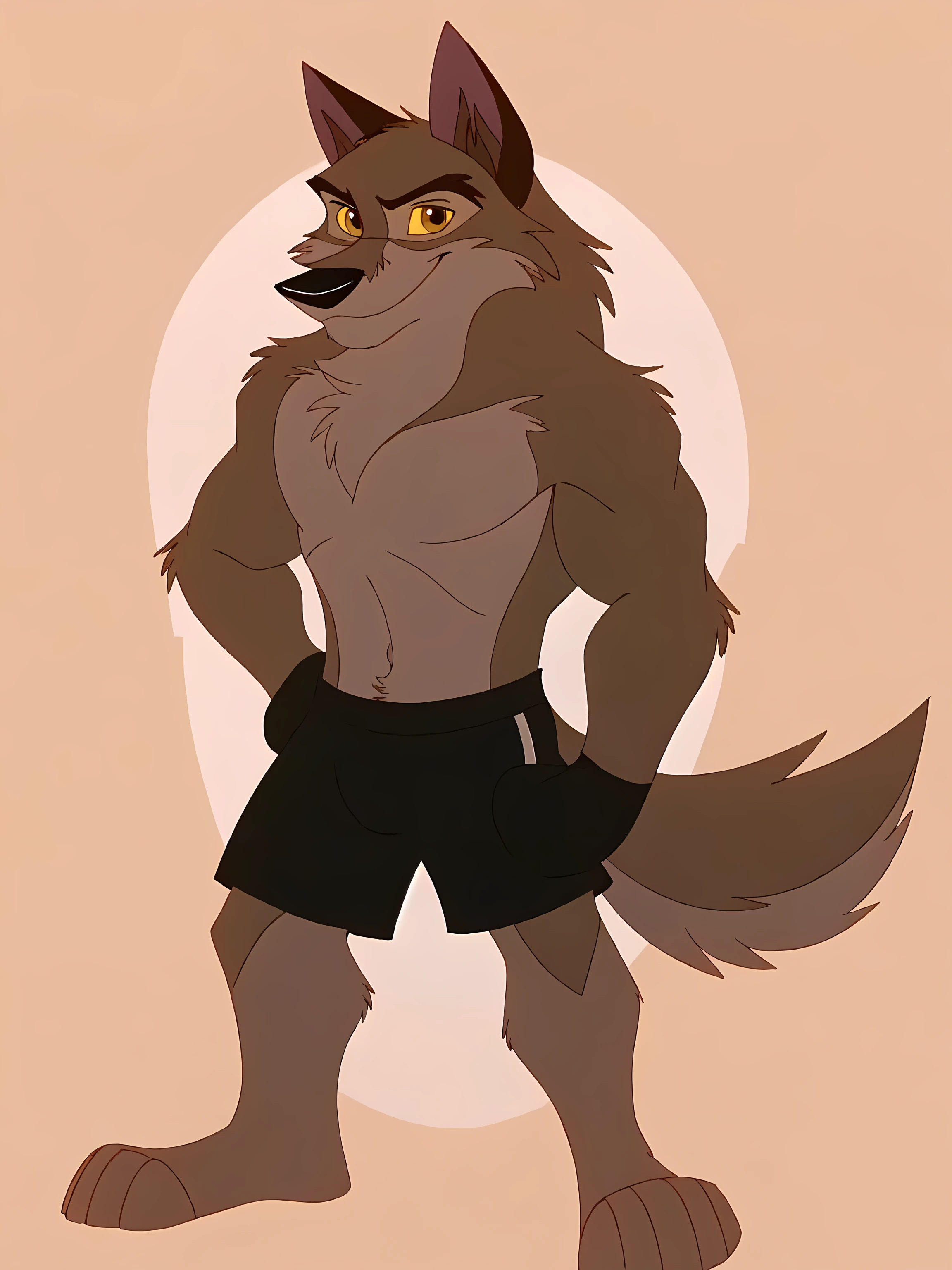 balto, detailed, detailed face, detailed eyes, anthro body, black lineart, black outline, male, masculine, muscular body, pectorals, adult, wolf, wolf body, brown iris, yellow sclera, cartoon shading, cel shaded:1.0, confident, proud, smile, front view:1.1, balto feet, boxing shorts, full body:1.2, wolf tail, wearing boxing gloves, detailed boxing gloves, (no background, white background):1.5