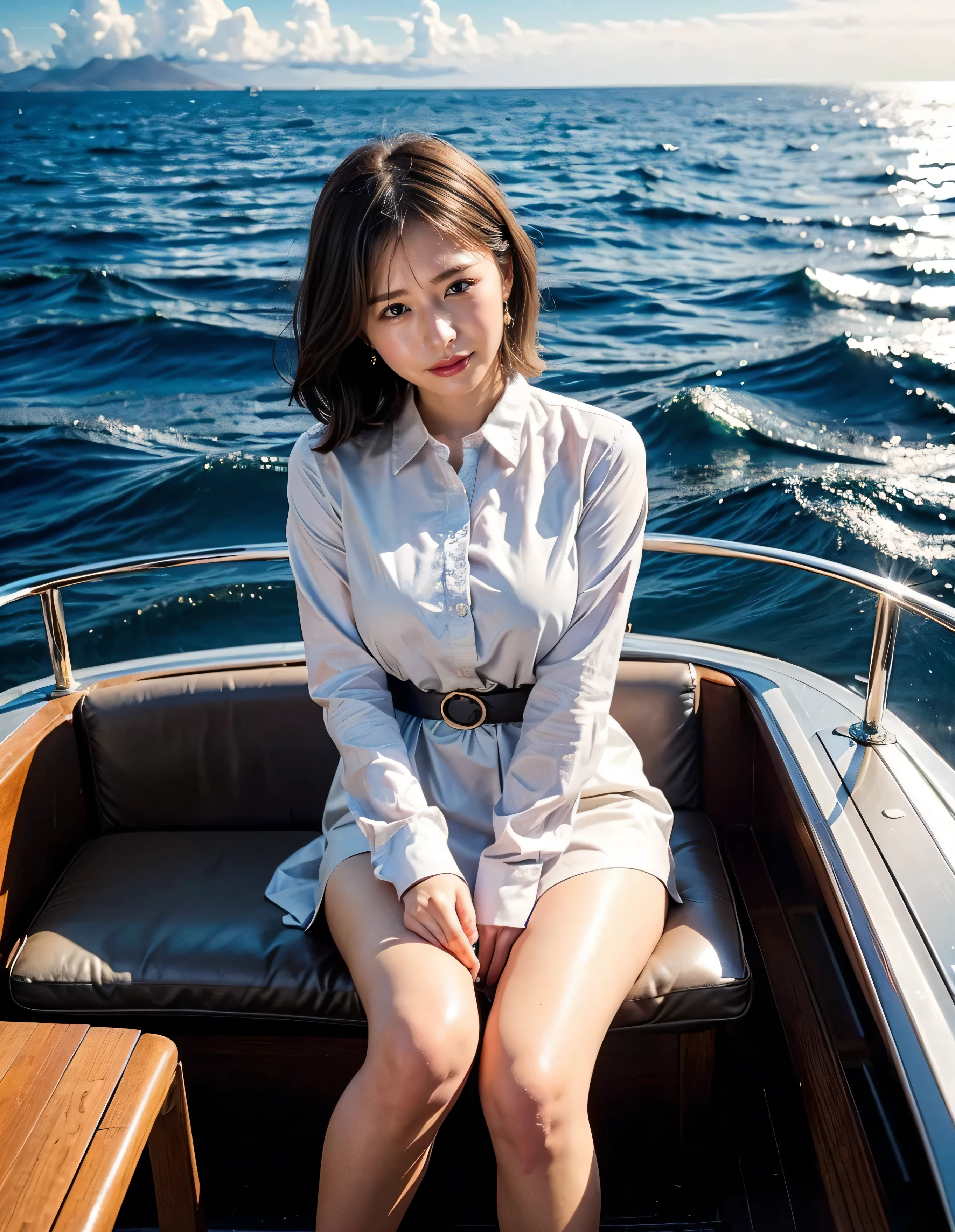 (Robe Dress:1.1) ,Woman standing on a boat、Light brown hair、Elegant hairstyle、Blue Eyed Woman、A woman with a cute upward gaze、When the sky gets dark、The gentle light of the ship shines、When the sun goes down the sky turns red、Tight clothing that shows your body lines、、A clean white blouse or white collared shirt、The first button of her blouse is lewdly open、Genuine Leather Belt、革のShort skirt、Dress elegantly着こなす、Luxury Bags、、((Medium Short Hair:1.4))、Skyscrapers seen across the sea、Manhattan 私sland is visible offshore、Woman on a sightseeing boat、、The sun shines on her、Light brown hair、Light brown hair、The sky was dyed red、There are clouds、private's cute、An elegantly dressed woman is sitting on a boat and watching the sunset、Her ample breasts are obvious even through her clothes..、The shining sun is so beautiful、Dusk is approaching、Lens flare、I can see the sunset、((Sunlight reflecting off the ocean、Ocean View、The sun shines on the sea、'beautiful.、Small earrings、private'evening、Birds are also flying、、Brown Hair Color、Tying up hair、The woman is on the right:1.4))、Luxury Leather Belts、Shiny clothes、Light beige hair color、Background Blur、Braid only the front hair、Light brown hair、{{Cowgirl Shot}}、((Close-up shot from the waist up、Ample breasts:1.4))、Smile、Silk clothing、Ample breasts that can be seen even through clothes、Braid only the front hair、Cowboy Shot、Gorgeous white collared silk shirt and brown skirt、Dress elegantly、Luxury Bags、A lovely smile、((Ample breasts))、Full body photo、ring、Short skirt、Tuck your hair behind one ear、Silver Necklace、smile、 Elegant ponytail、Caustics、Highly detailed photos、Very beautiful and ideal short hair、Super no makeup、(8k、RAW Photos、highest quality、masterpiece:1.2)、(Realistic、Realistic)、1 girl、((Medium Short Hair、Looking into the camera:1.4))、Hair blowing in the wind