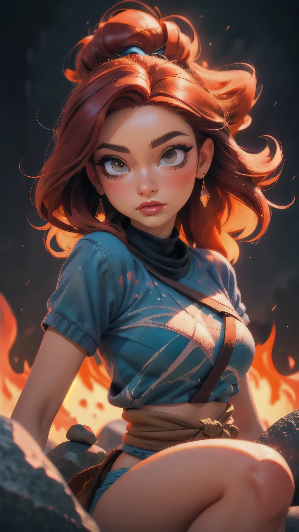 (masterpiece:1.4), (best quality:1.4), depth of field, chromatic aberration, 3d animated cartoon, vibrant, colorful, Watercolor, Ink, A beautiful detailed girl with long red hair, brown eyes, and makeup, wearing a loincloth, in a sunny background (best quality,4k,8k,highres,masterpiece:1.2),ultra-detailed,extremely detailed eyes and face, longeyelashes, vivid colors, studio lighting, professional, detailed background, detailed face, (stonepunkAI, stone theme:1.1), [heavy armor:molten rock:2],  (style-swirlmagic:0.8), epic fiery atmoshpere