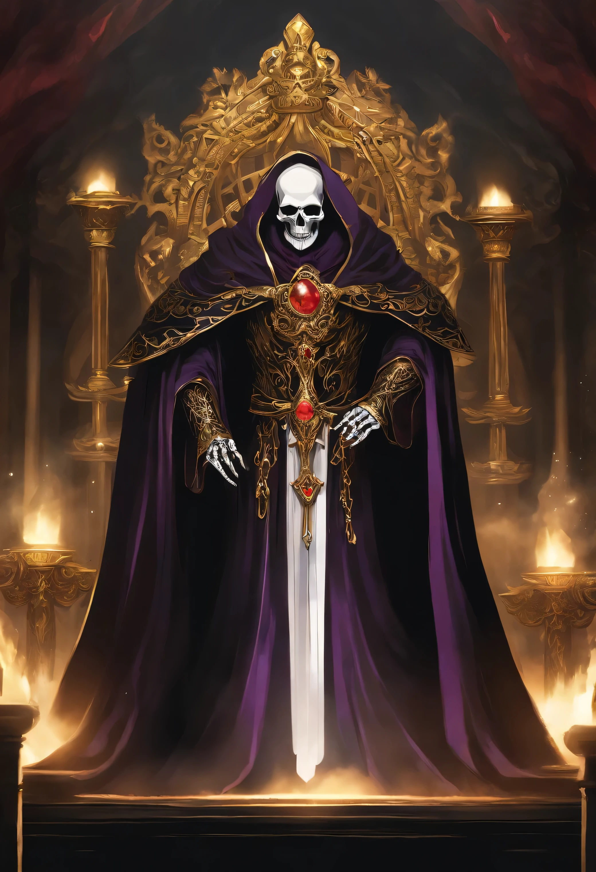 "Create a high-definition image of Ainz Ooal Gown, the powerful lich from the anime. He stands tall with an imposing skeletal structure, wearing an elaborate black tunic adorned with gold and purple details. The tunic features wide, flowing sleeves, adding to his grandeur. A long, elegant cape flows to the ground, enhancing his majestic appearance.
He is adorned with a golden necklace encrusted with colorful gems, signifying his leadership status. In one hand, he holds a staff decorated with multiple shining gems, symbolizing his supreme power. A simple yet imposing golden crown rests upon his skeletal head.
Ainz's skull, devoid of flesh, has two glowing red orbs in place of eyes, exuding a sinister and powerful aura. His skeletal hands are often seen gripping his staff or making magical gestures. Despite lacking facial muscles, his presence radiates authority, power, and mystery.
He is depicted seated on an elaborate throne within a grand throne room. The ambiance is dark and mystical, with torches or glowing crystals illuminating the background, adding to the eerie and powerful atmosphere of the scene."