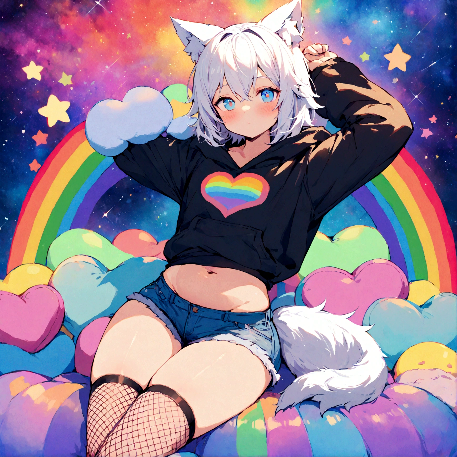 a cute adult male with wolf ears, white hair, has a wolf tail, wearing a loose cropped oversized black hoodie, wearing a pair of denim short shorts and fishnet stockings, thick thighs, wide hips, relaxing on mound of fluffy multi colored kawaii plushies, short, very slim, showing slender tummy, stretching out, heart on hoodie, squishy thighs, has glowing blue eyes. alone, solo (ALONE)(SOLO), surrounded by rainbows, colorful galaxy backround