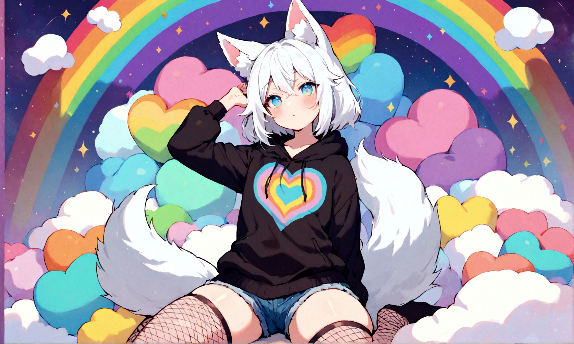 a cute adult male with wolf ears, white hair, has a wolf tail, wearing a loose cropped oversized black hoodie, wearing a pair of denim short shorts and fishnet stockings, thick thighs, wide hips, relaxing on mound of fluffy multi colored kawaii plushies, short, very slim, showing slender tummy, stretching out, heart on hoodie, squishy thighs, has glowing blue eyes. alone, solo (ALONE)(SOLO), surrounded by rainbows, colorful galaxy backround