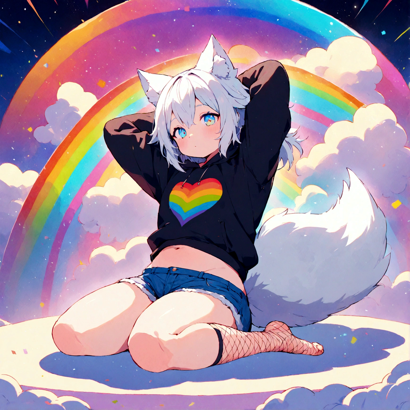 a cute adult male with wolf ears, white hair, has a wolf tail, wearing a loose cropped oversized black hoodie, wearing a pair of denim short shorts and fishnet stockings, thick thighs, wide hips, relaxing on mound of fluffy multi colored kawaii plushies, short, very slim, showing slender tummy, stretching out, heart on hoodie, squishy thighs, has glowing blue eyes. alone, solo (ALONE)(SOLO), surrounded by rainbows, colorful galaxy backround