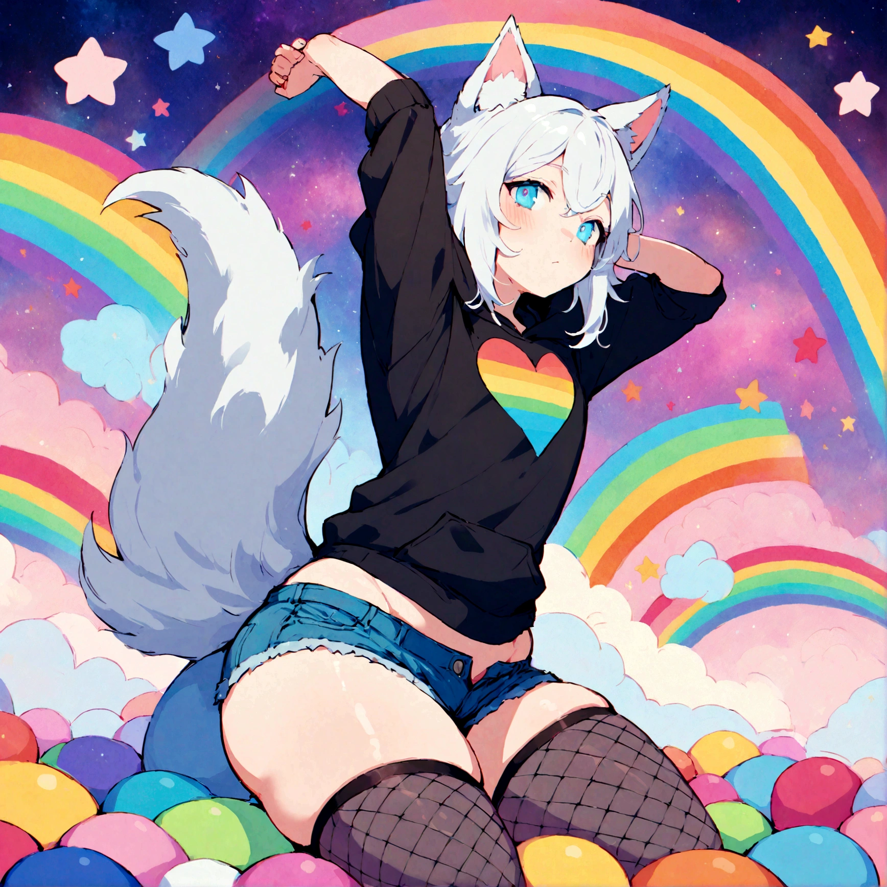 a cute adult male with wolf ears, white hair, has a wolf tail, wearing a loose cropped oversized black hoodie, wearing a pair of denim short shorts and fishnet stockings, thick thighs, wide hips, relaxing on mound of fluffy multi colored kawaii plushies, short, very slim, showing slender tummy, stretching out, heart on hoodie, squishy thighs, has glowing blue eyes. alone, solo (ALONE)(SOLO), surrounded by rainbows, colorful galaxy backround