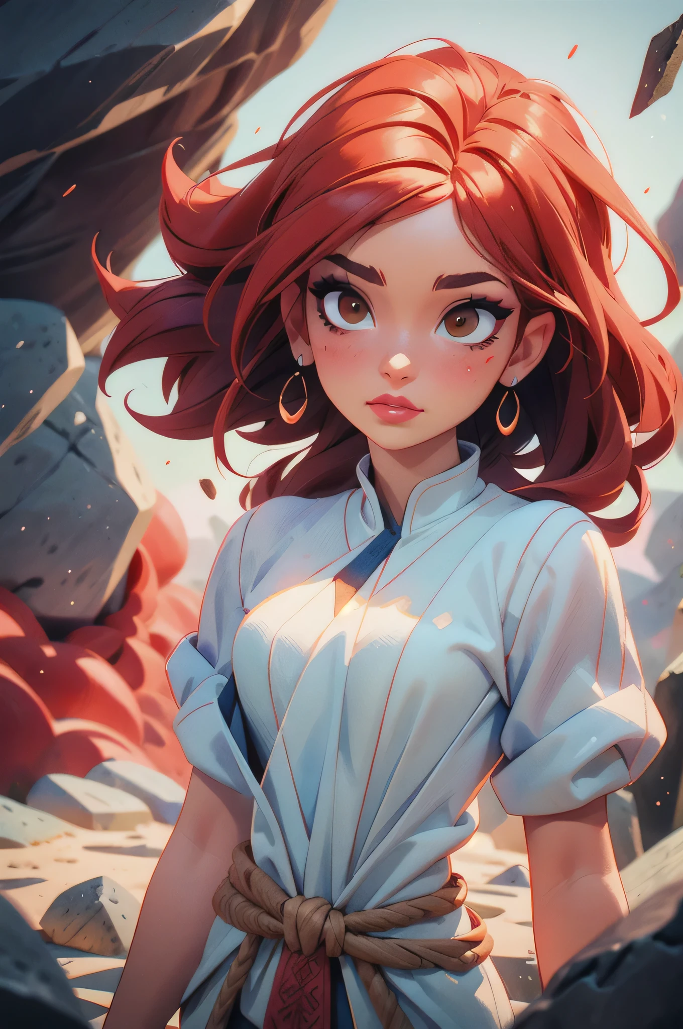 (masterpiece:1.4), (best quality:1.4), depth of field, chromatic aberration, 3d animated cartoon, vibrant, colorful, Watercolor, Ink, A beautiful detailed girl with long red hair, brown eyes, and makeup, wearing a loincloth, in a sunny background (best quality,4k,8k,highres,masterpiece:1.2),ultra-detailed,extremely detailed eyes and face, longeyelashes, vivid colors, studio lighting, professional, detailed background, detailed face, (stonepunkAI, stone theme:1.1), [heavy armor:molten rock:2], (style-swirlmagic:0.8), floating red particles