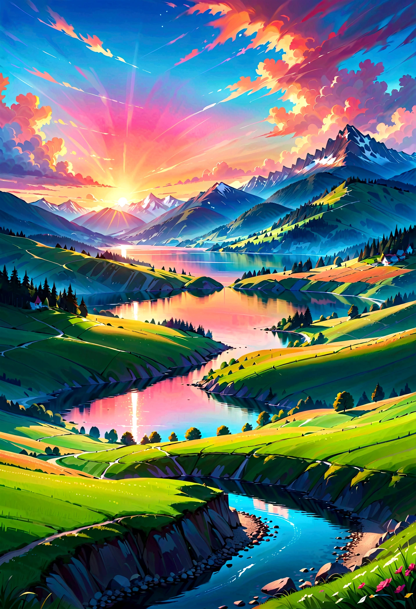 Create a beautiful landscape painting with a vibrant sunset sky, rolling hills, and a serene lake in the foreground