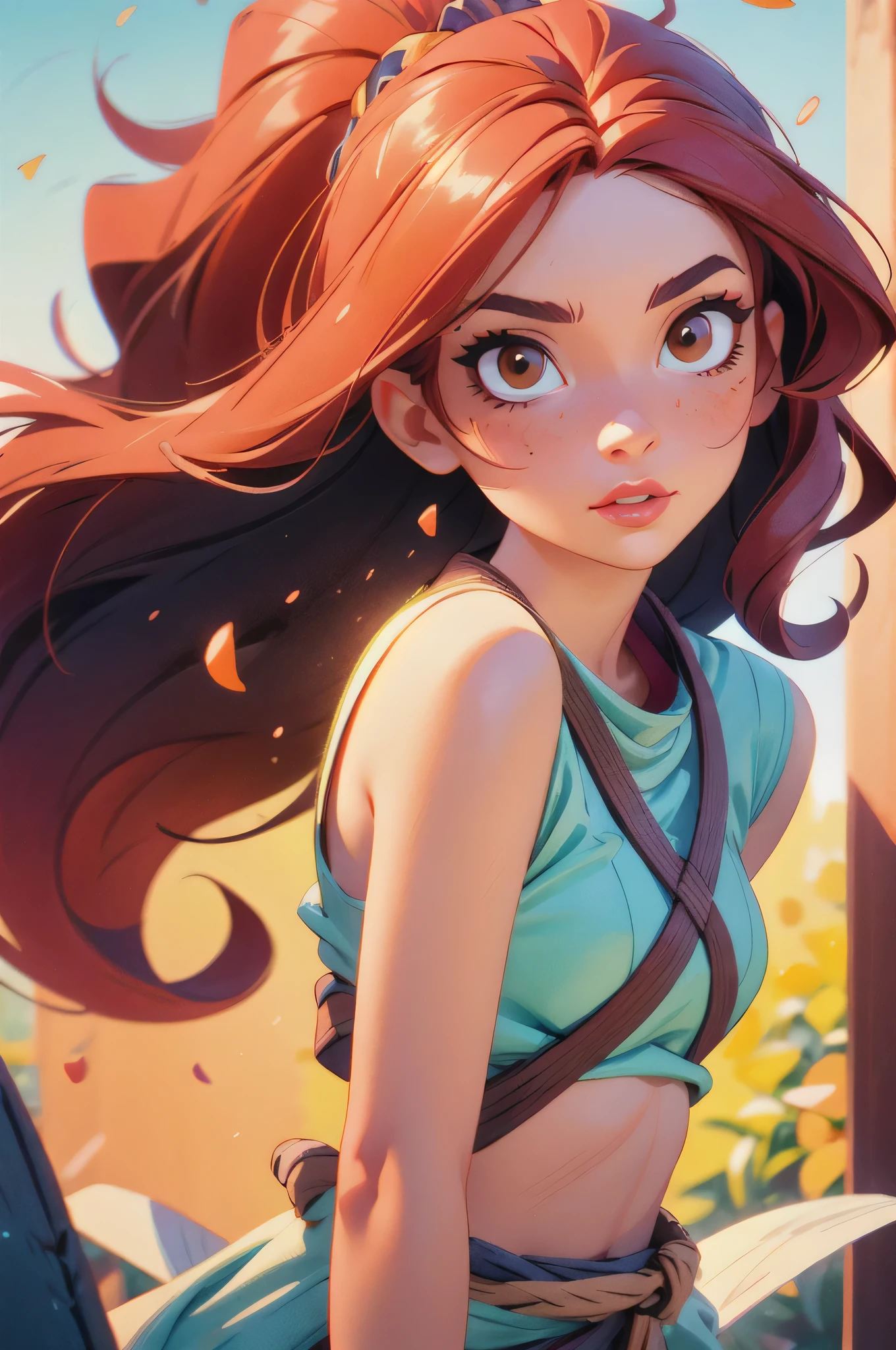 (masterpiece:1.4), (best quality:1.4), depth of field, chromatic aberration, 3d animated cartoon, vibrant, colorful, Watercolor, Ink, A beautiful detailed girl with long red hair, brown eyes, and makeup, wearing a loincloth, in a sunny background (best quality,4k,8k,highres,masterpiece:1.2),ultra-detailed,extremely detailed eyes and face, longeyelashes, vivid colors, studio lighting, professional, detailed background, detailed face, (sunshine theme:1.1), (style-swirlmagic:0.8), floating red particles