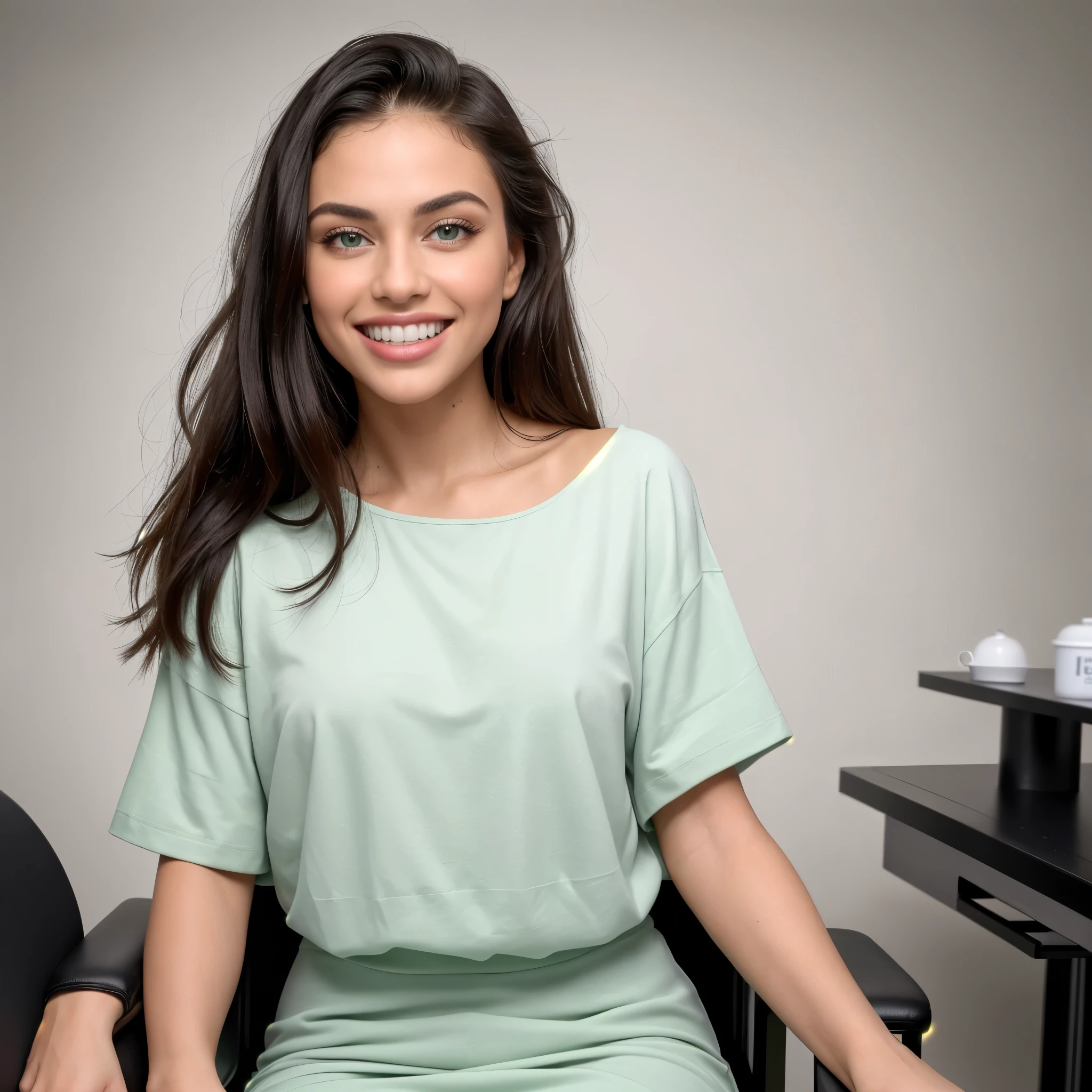 (8k, highest quality, ultra detailed:1.37, mid-range image) 18yo, dentist clinic, setting on the dentist chair, light green eyes, small head, realistic skin, real, thick hair, super realistic detailed eyes, a stylish Arab women, modest, wearing a long plain black t-shirt, attractive smile, close range picture, attractive Hollywood white teeth, showcases her unique fashion sense in a trendy setting. The high-resolution image captures ultra-detailed realism, highlighting confident pose, captivating eyes, big eyes, and flawless complexion.