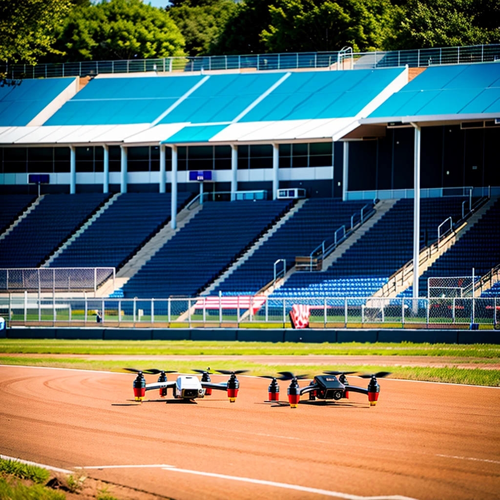 Scene of racing drones on track chasing cars