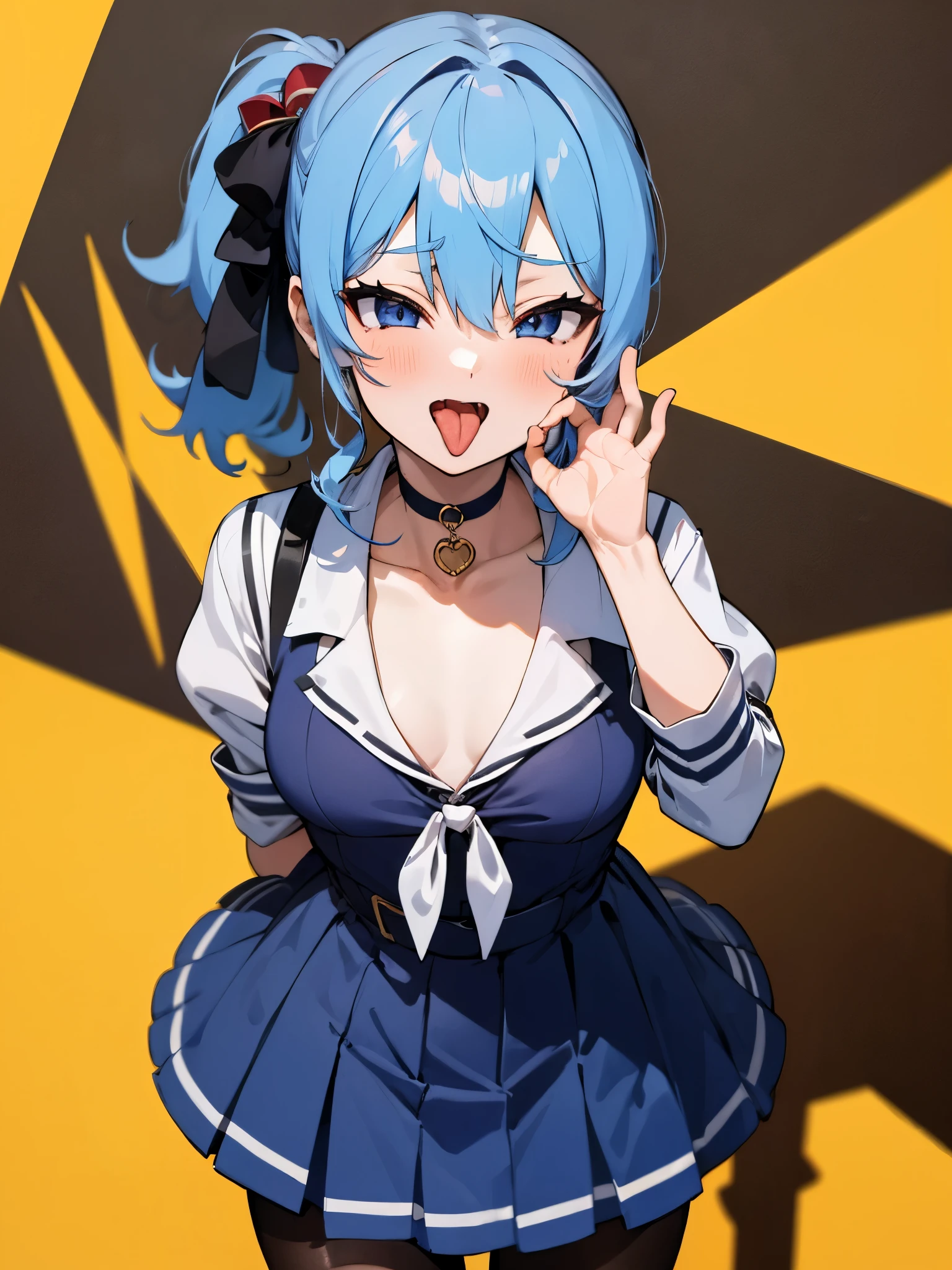 One girl,hoshimachi suisei,blue eyes,Blue Hair,choker,Hair between the eyes,Medium Hair,Side Ponytail,スターchoker,Small breasts,,Micro Mini Skirt,pantyhose,School,classroom,(Perfect hands),(Perfect Anatomy),(masterpiece),(highest quality)