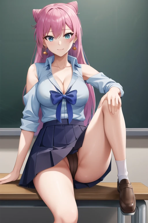 masterpiece, best quality, highres, aaakari, long hair, cone hair bun, earrings, medium breasts, cleavage, blue shirt, blue bow, shoulder cutout, pleated skirt, blue skirt, classroom, sitting, panties, pantyshot, leg up,