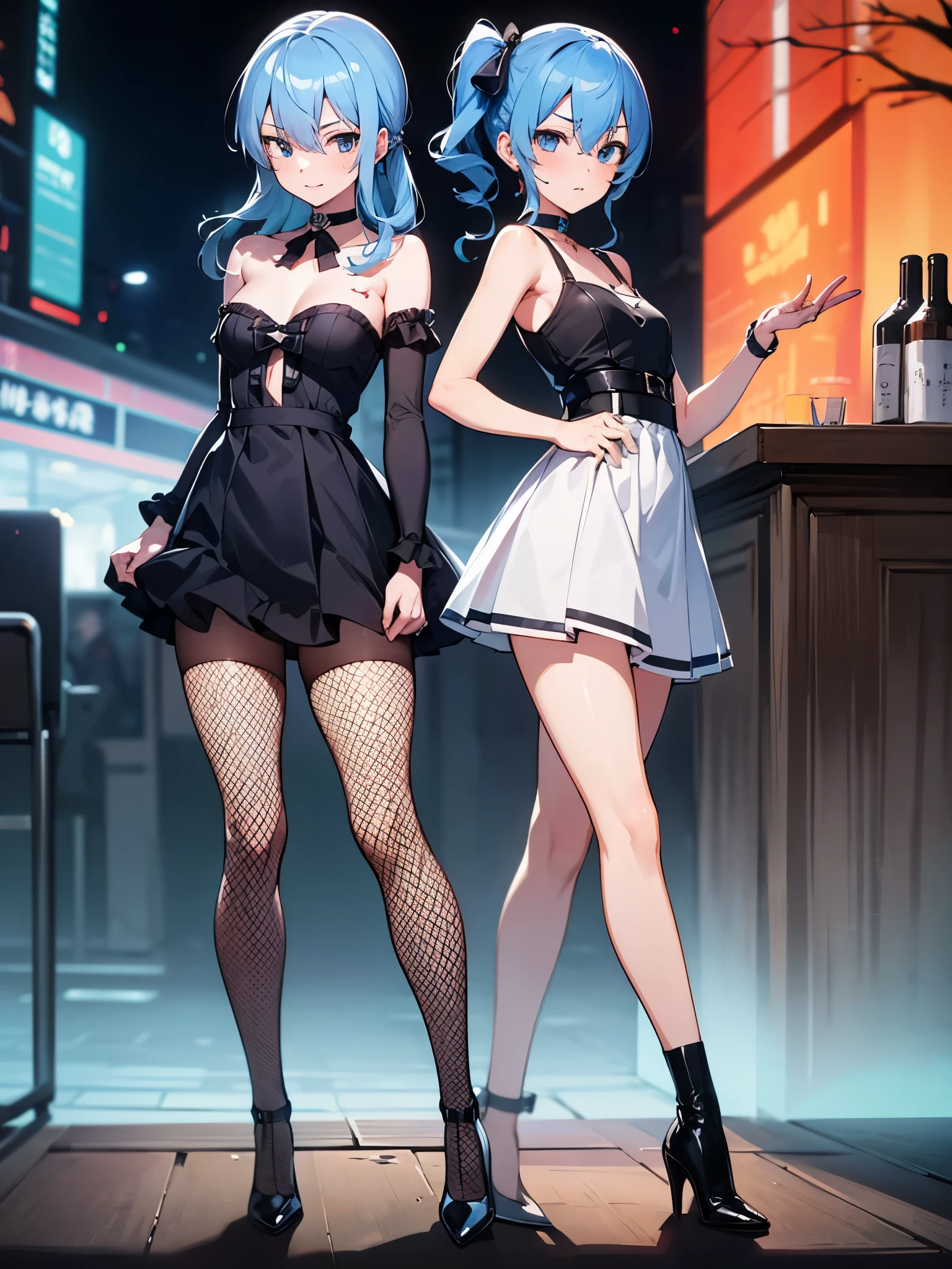 One girl,hoshimachi suisei,blue eyes,Blue Hair,choker,Hair between the eyes,Medium Hair,Side Ponytail,スターchoker,Small breasts,Bodycon,High leg,Fishnet tights,High heels,BAR,(Perfect hands),(Perfect Anatomy),(masterpiece),(highest quality)