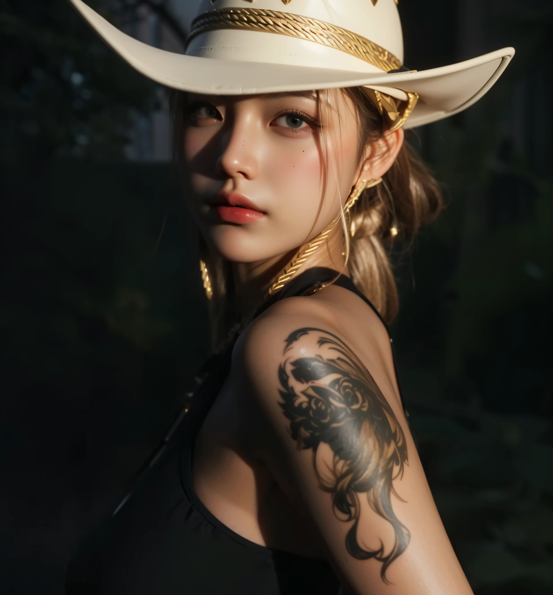 Game Art，CG Animation，Best image quality，Maximum resolution，8K picture quality，(A bust photo)，(portrait)，(Head close-up)，(Rule of Thirds)，Unreal Engine 5 rendering works，20 year old girl，((Queen))，The eyes are very detailed，(Large Breasts)，Elegance and nobility，Light，Light线追踪，Game CG，((3D Unreal Engine))，OC rendering reflection mode，4k，Ultra-clear，Translucent lace，Fair and plump figure，Pretty Face，Light泽凝胶涂层，身着华贵礼服的Queen，Gorgeous clothing，Luxurious and exquisite jewelry，Colorful makeup，Luxurious diamond necklace，Cowboy hat，There are tattoos on the arms