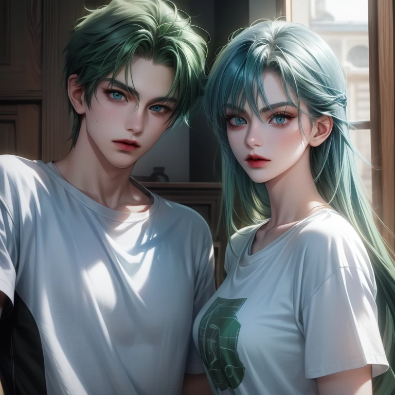 With motorcycle, Boy, green hair, green eyes, sharp features, white skin, green t-shirt and girl, blue eyes, sharp features, white skin, blue t-shirt