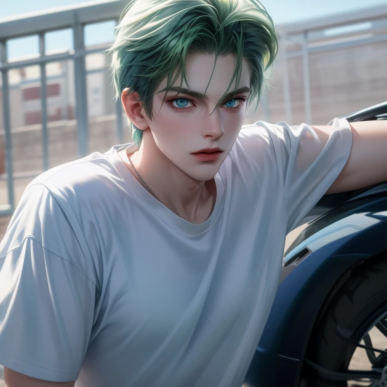 With motorcycle, Boy, green hair, green eyes, sharp features, white skin, green t-shirt and girl, blue eyes, sharp features, white skin, blue t-shirt