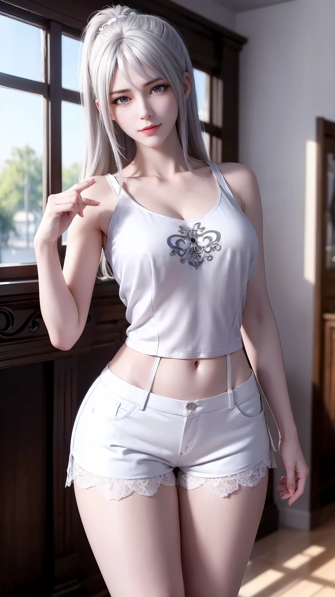 a white hair、Close-up of miss wearing white mask, Beautiful character painting, guweiz, Gurwitz-style artwork, White-haired god, author：Yang Jie, Epic and beautiful character art, Stunning character art, author：Fan Qi, by Wuzhun Shifan, pixiv Art Street Guviz, Single ponytail, insult, High Ponytail, Tall and big, Long legs, (sleeveless lace shirt), (shorts), (Striped )), ((Striped )), Walk, elegant, dignified, miss, Beautiful curves, sweet smile, Strong sense of detail and layering, color丰富绚丽, Has a unique texture, rich and colorful, color, vivid, Design Art, 16K, Super detailed, {{illustration}}, {Extremely refined}, {Exquisite surface treatment}, Super detailed, Delicate and shining eyes, {{Light}}, 极致Light效果, Model: realism, CFG size: 12, Laura: Bright texture (1.35), high quality, masterpiece, Exquisite facial features, Delicate hair depiction, Detailed depiction of the eyes, masterpiece, best quality, Light線追蹤, Extremely detailed CG unified 8k wallpaper, masterpiece, best quality, (1 girl), 完美miss身材, (((Skinny white T-shirt))), beautiful eyes, (Delicate face), short black hair, Tie your hair up, Light blue hairpin, Black silk frame glasses, in class, (White skin), (Optimal Lighting), (Super intricate details), 4k unity, (Super detailed CG), Showing off her white legs, , Hot Pants, shorts,性感Long legs, Thin waist, Sweat runs down my waist, Showing belly, Extremely detailed depiction, Pink Hair, Asymmetrical bangs, Transparent clothes, Hands on thighs, 把目Light移開, 8k resolution, Raise an eyebrow, shiny hair, Flower head, Wristbands, bandage，leather