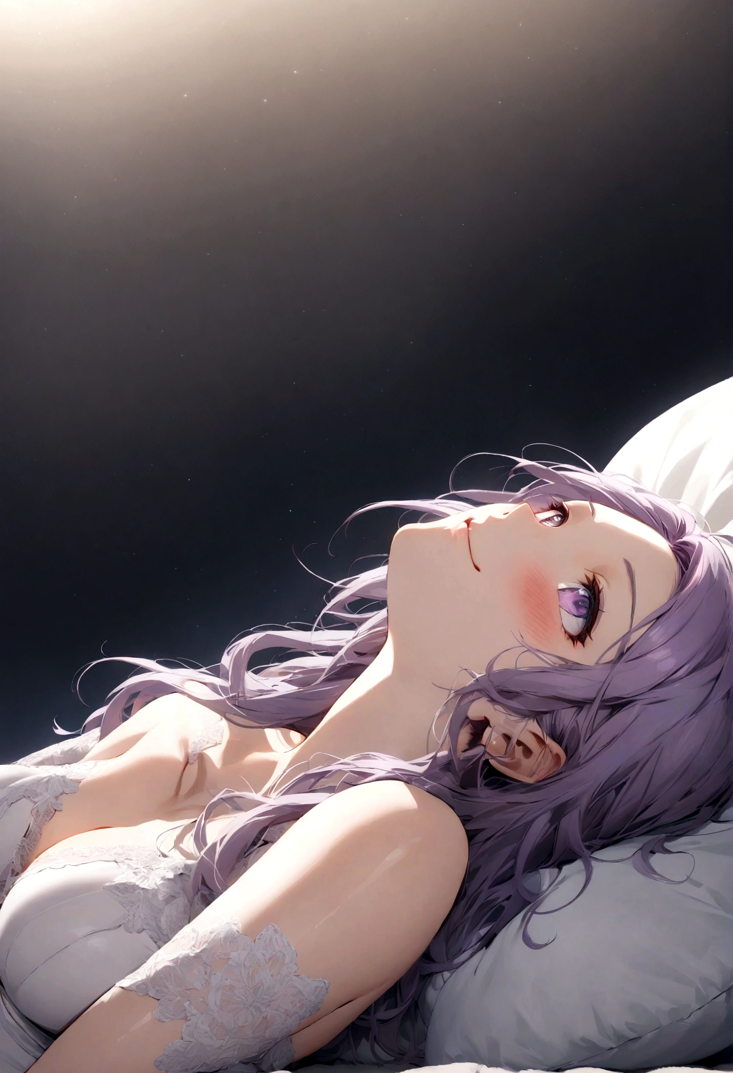 (Best Quality,High resolution,8k,finelity detailed background,Masterpiece:1.2)beautiful girl,Shiny purple hair,messy hair,Purple Eyes,Gentle look,A refreshing look,Best quality,Best Quality,Aesthetic and aesthetic:1.2,Best details((Super detailed))(High-definition CG illustrations),Grey underwear (gray,intricate lace),Slender body,Late Night,Moonlit Night,Bedroom,On the bed,smile,blush,cute,Scrounge,Looking up,Being spoiled,super model