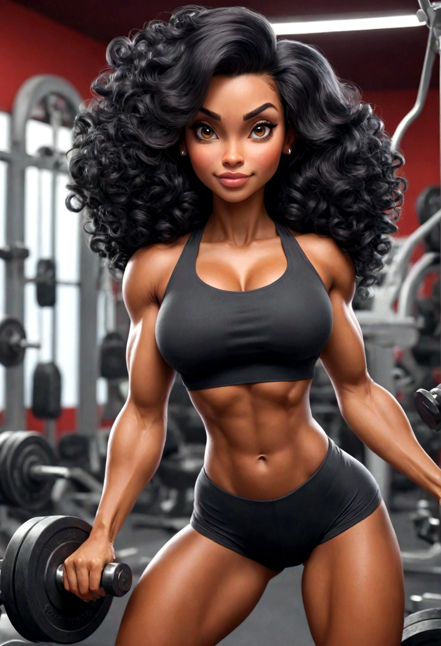 mulher de cabelo preto, training in the bodybuilding gym, estilo disney realista, High definition

