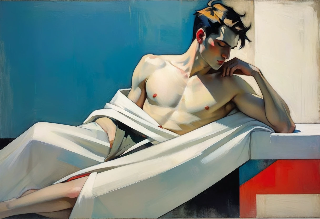 chiaroscuro technique on sensual illustration of an arafed man resting in white blanket, sexy masculine, model with attractive body, mid-shot of a hunky, the model draped in flowing, thick oil painting by Harumi Hironaka, extremely soft colors, vibrant, highly detailed, malcolm liepke painting, oil on canvas, high contrast, dramatic, refined, tonal, Create high contrast between light and shadow by Leon Polk Smith, memphis abstract minimal art, graphic shapes, minimal art, blue and red, minimal art style, bauhaus art, inspired by El Lissitzky, bold simple shapes, shadow