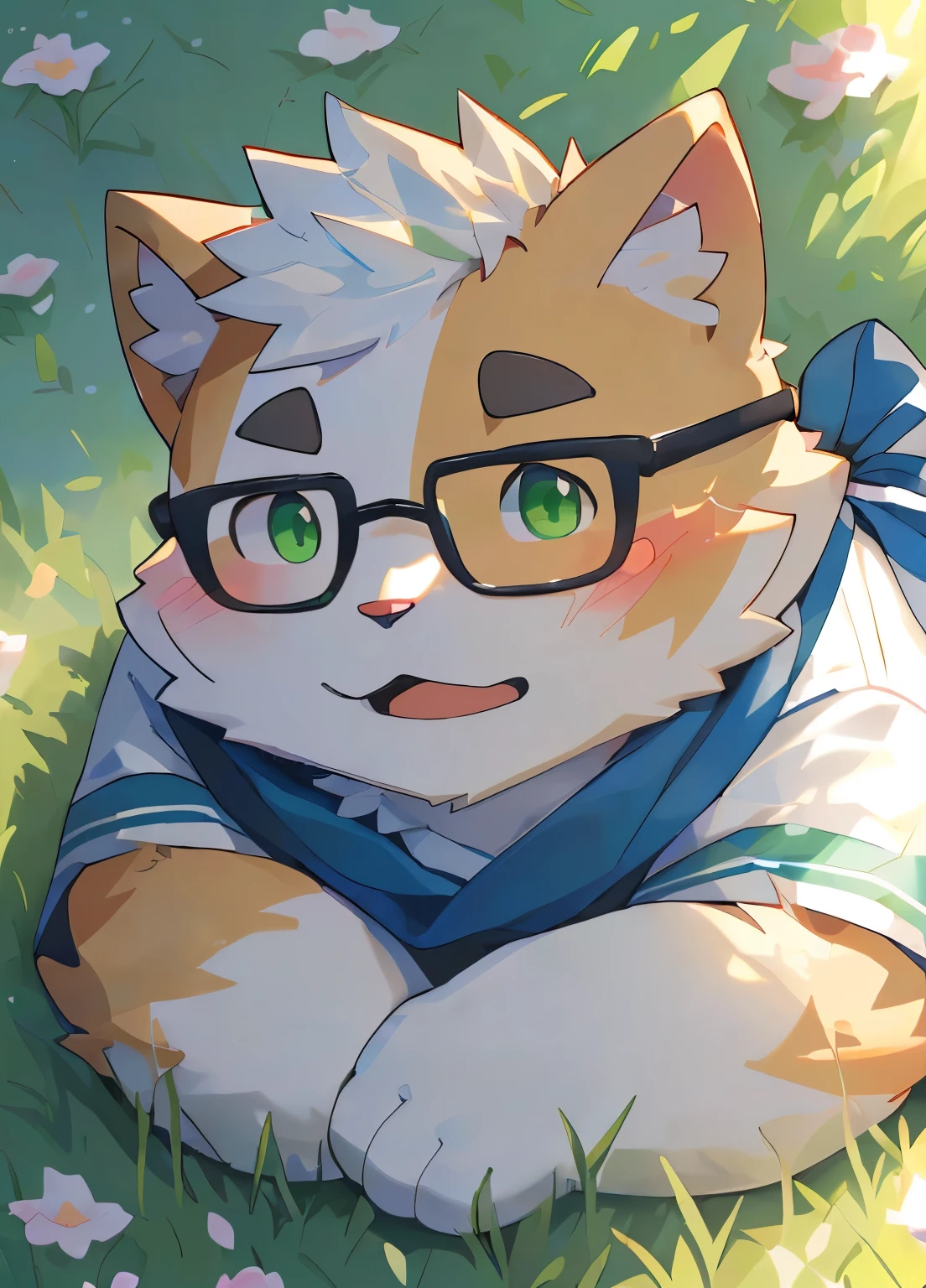 (masterpiece),(Very detailed),(best quality),hairy,Calico cat,fur,white hair,Emerald green pupils,(Chinese school uniforms),((blue scarf)),((Black-rimmed glasses)),(((lying on the grass))),(((daze))),((A manifestation of shyness)),(blush:1.1),((charming)),Hillside background,8K,(high quality),(Ultra high quality),(Super detailed)