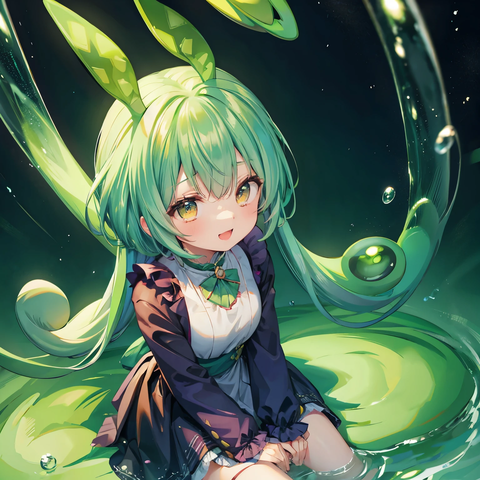 Dark green hair, eyes are yellow,Wavy Hair, Floating Hair, smile, Sitting, Open your mouth, Particles of light, Aqua Eye, Looking at the audience,
