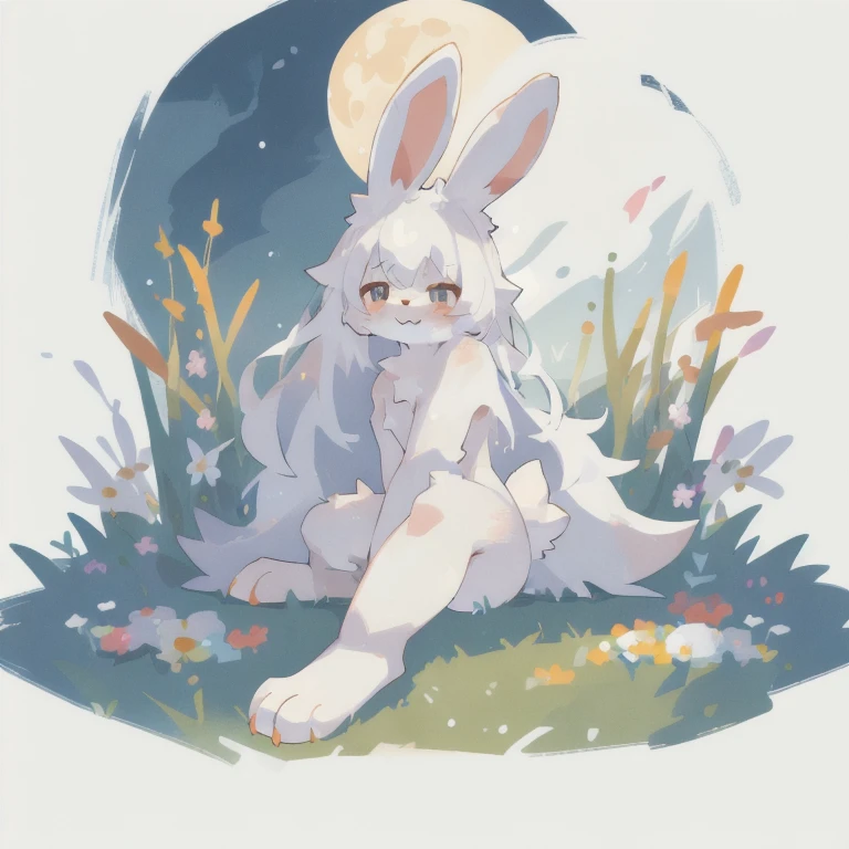 1 naked girl, One, (White background:1.3), (bunny girl, rabbit ears:1.3), the entire body is covered with short, soft white hair, White hair, long hair, I look at the viewer, (sitting on the ground, whole body), grass, flowers, (moon:1.3), (Best quality, masterpiece, illustration, ultra detailed:1.3), (Uploaded to e621, fluffy, Anthro, kemono:1.3),