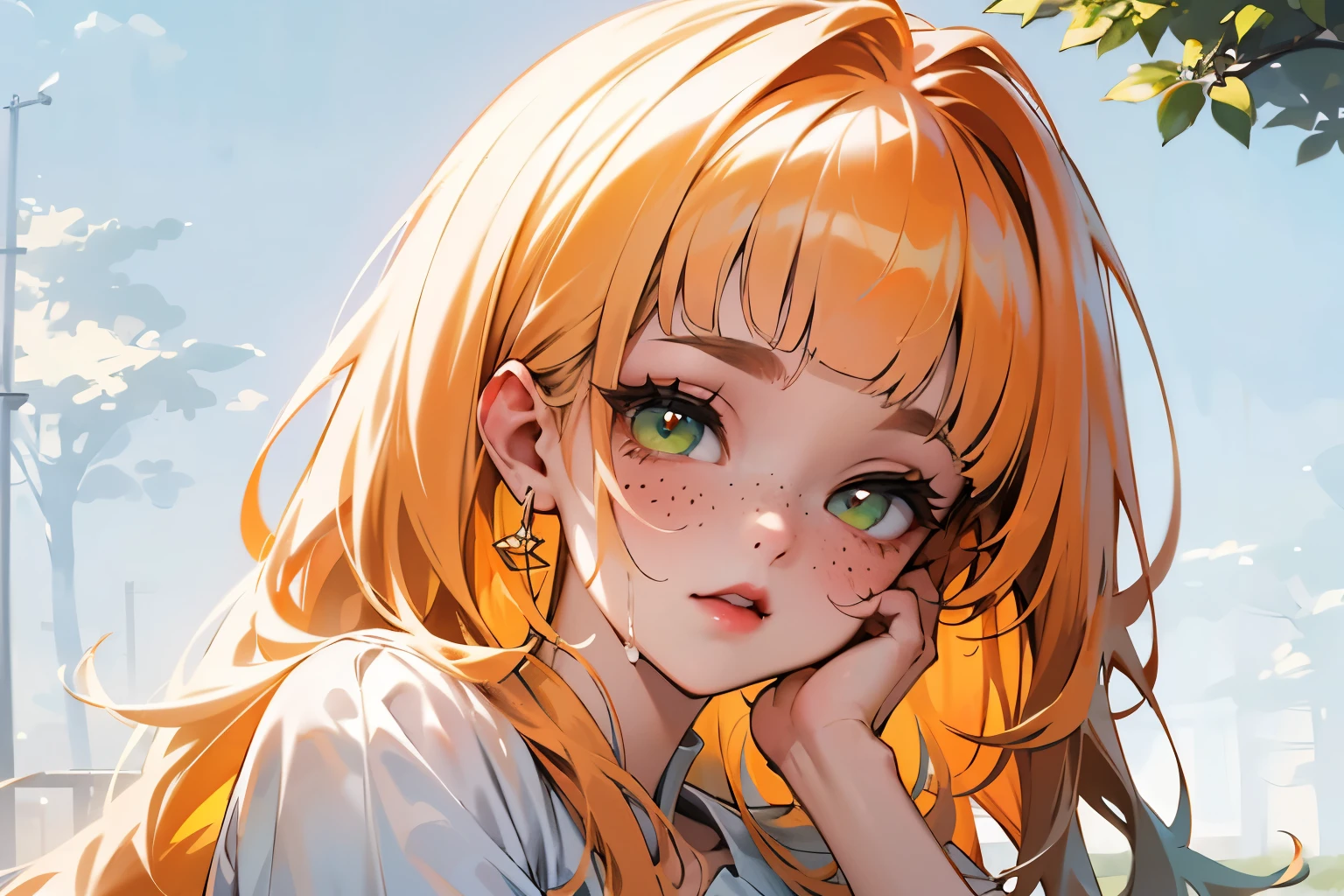 ((mejor calidad)), ((obra maestra)), (detallado), 1 chica, white woman, big, bright green eyes, freckles on her face, long straight orange hair with red gradient downwards, orange bangs on her forehead, in the middle of nature, cute anime animation style