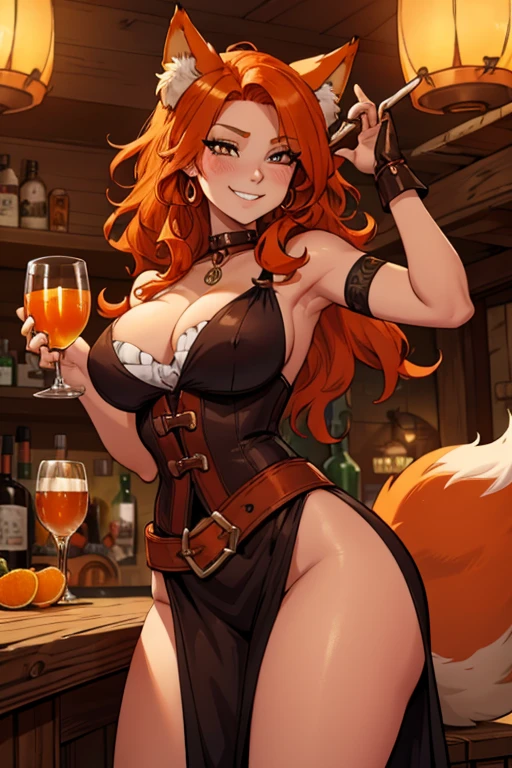 A orange haired fox woman with copper eyes and an hourglass figure and orange fox ears and an orange foxy tail in a pirate outfit is drinking at a bar at a pirate city with a big smile and a blush