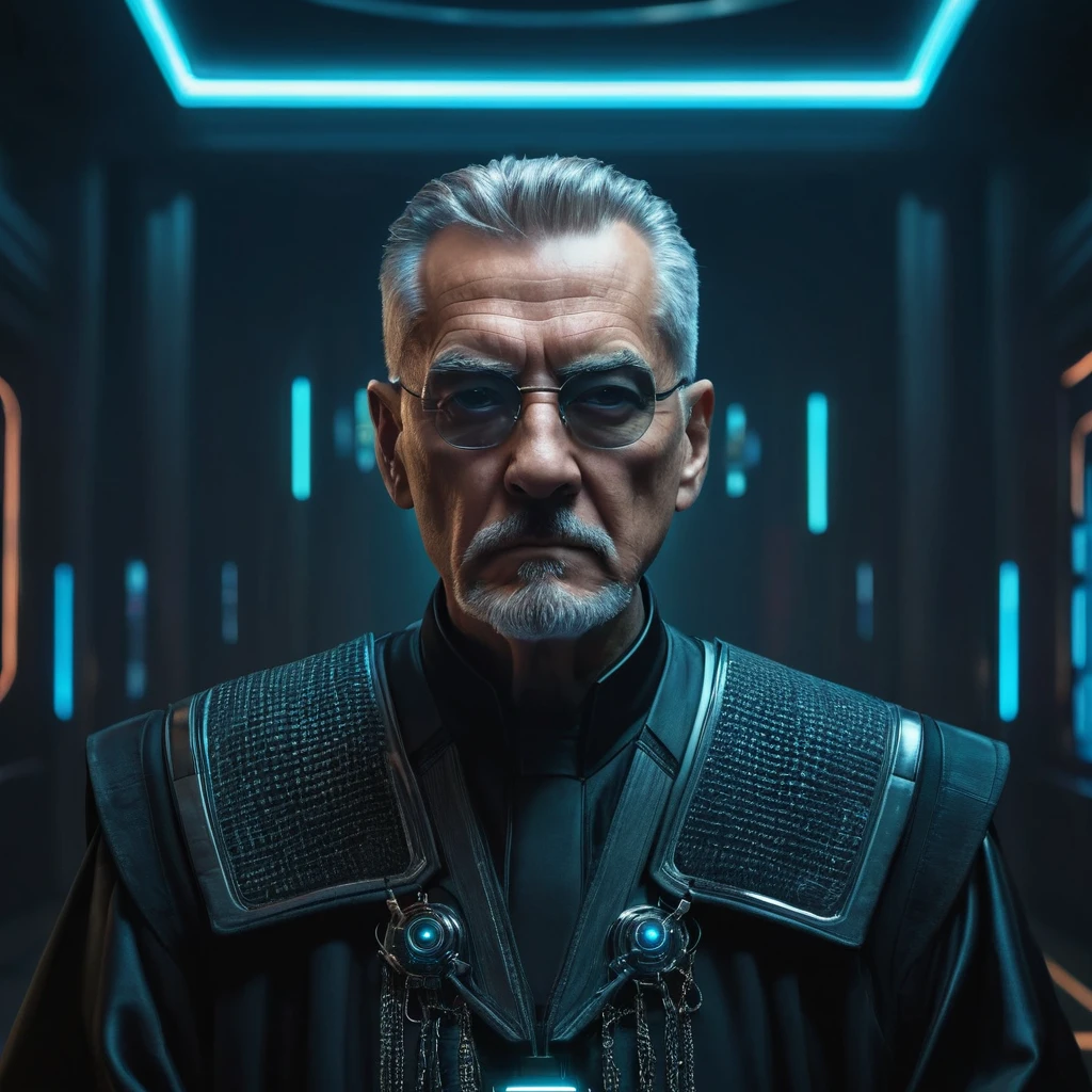 the portrait of a sixty year old man, he has a menacing countenance he is the judge of the futuristic cyberpunk court.