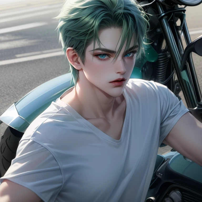 With motorcycle, Boy, green hair, green eyes, sharp features, white skin, green t-shirt and girl, blue eyes, sharp features, white skin, blue t-shirt