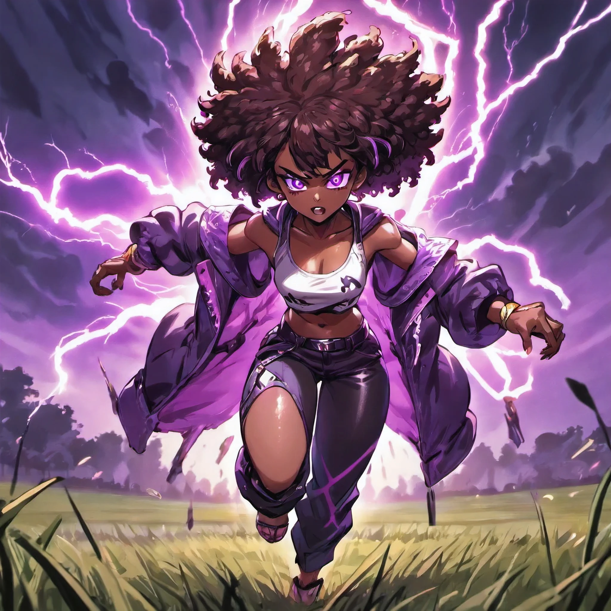 upper body, facing forward, 1gril, african woman, black hair with afro, mulatto skin color, green eyes, (Naruto style ninja), big chest, scarf, wallpaper, magic circle background, particles of light, green fire, emanating radiant light, smiling, realistic
