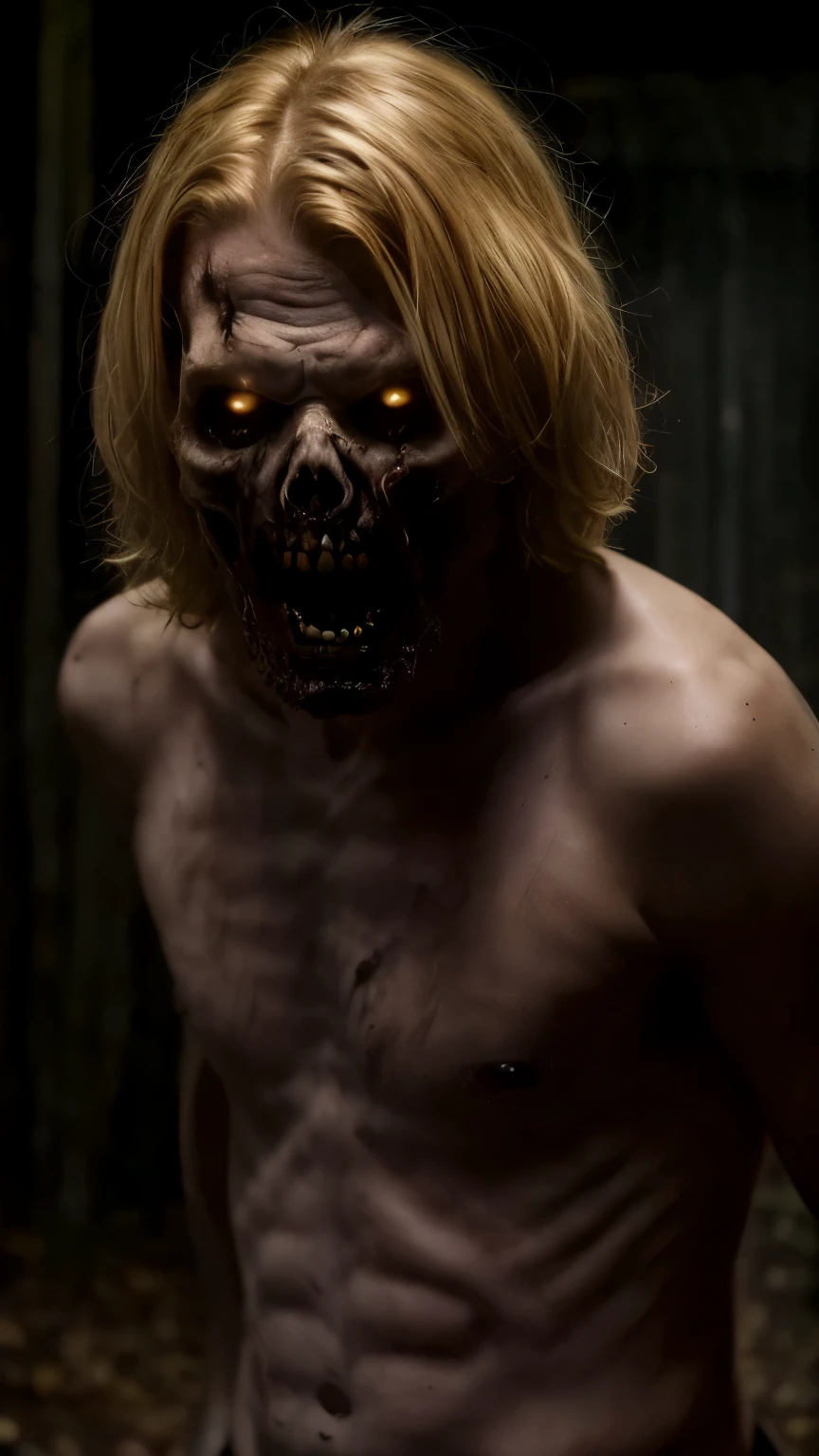 (masterpiece, best quality:1.2), ((RAW photo, Best quality)), (Realistic, photo-realistic:1.2) a evil zombie, blond, hottinig, horror, creepy, night, ((White eyes)). Horror, creepy, night, (((White eyes))), angry. ((( Exposed brain))), ((Pale or greenish skin)), wounds, empty eyes, torn clothes, slow movements, guttural noises, aggressive and cannibalistic behavior. Cinematic lighting.