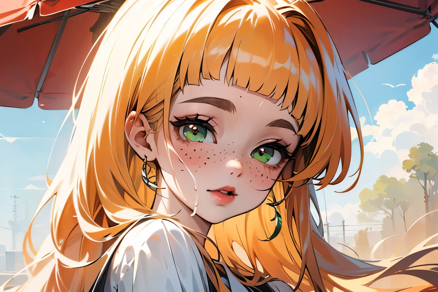 ((mejor calidad)), ((obra maestra)), (detallado), 1 chica, white woman, big, bright green eyes, freckles on her face, long straight orange hair with red gradient downwards, orange bangs on her forehead, in the middle of nature, cute anime animation style
