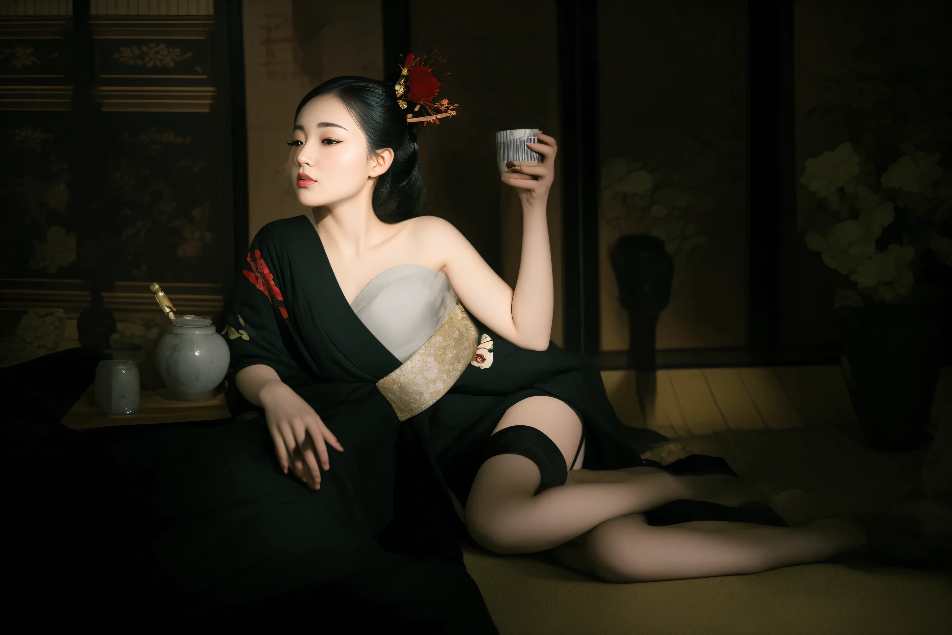 (64k, RAW photo, best quality, masterpiecel1.4), (realistic, photo-realistic:1.37), photo of a Japanese girl in a black((loose)camisole), Natural(mediuml breasts:1.35), (micro:1.4)lace panties, looking away, (kpop idol), ((lying on the bed)), lying, messy hair, medium hair, (pink blush), (lighting), [[open legs, spread legs]], (solo), dynamic pose, ((erectnipples)), (female pubic-hair), (puffy eyes:1.3), (slim legs), erotic, HDR, highly detailed, ambient occlusion, natural, harmonious composition, fine art photography,