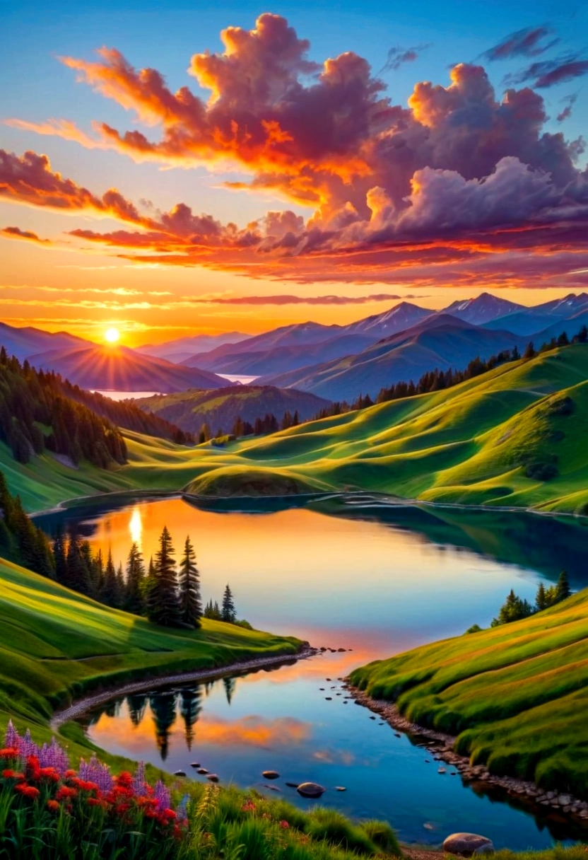 Create a beautiful landscape painting with a vibrant sunset sky, rolling hills, and a serene lake in the foreground