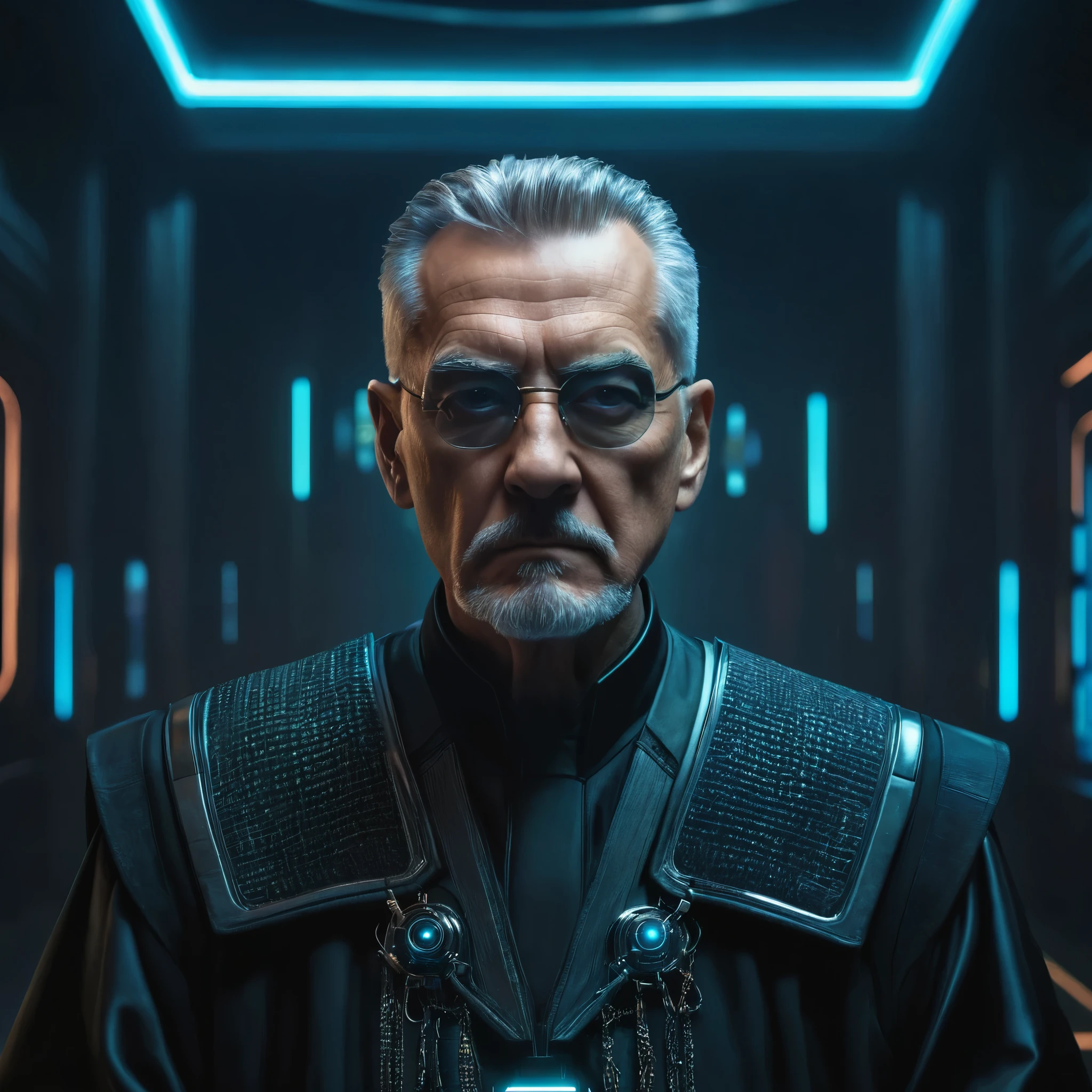 the portrait of a sixty year old man, he has a menacing countenance he is the judge of the futuristic cyberpunk court.