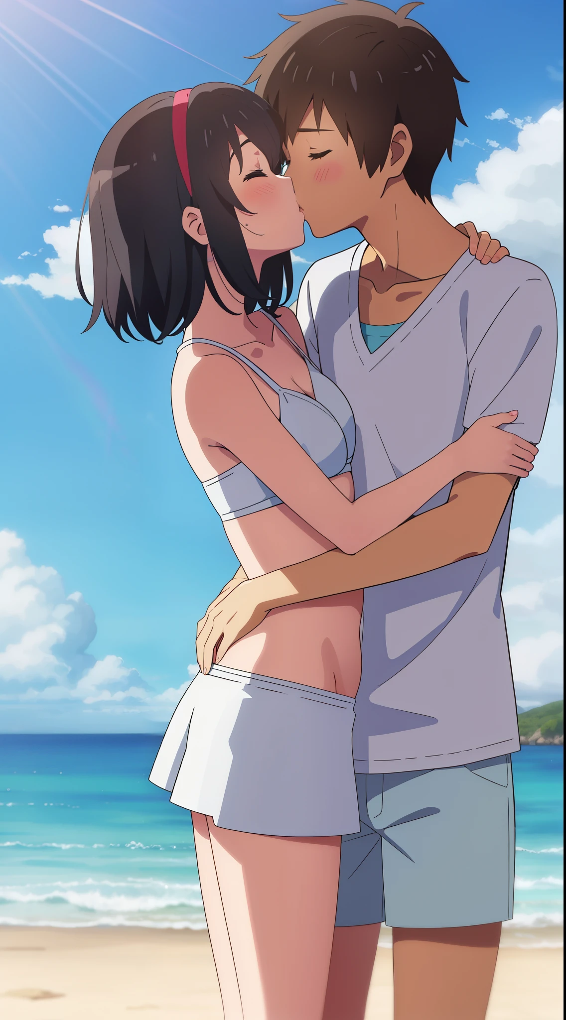shinkai makoto, kimi no na wa., 1girl, 1boy, bangs, black hair, short hair, blush, (boy wear casual clothes, shorts), ((girl wear white bikini and white short skirt, collarbone, red headband)), bare shoulders, bare-legged, passionate hug, Sweet sigh, cute, love, couple, adorable, dating, (((kiss, deep kiss))), closed eyes, summer, beach, cloudy, blue sky, sunlight, upper-body