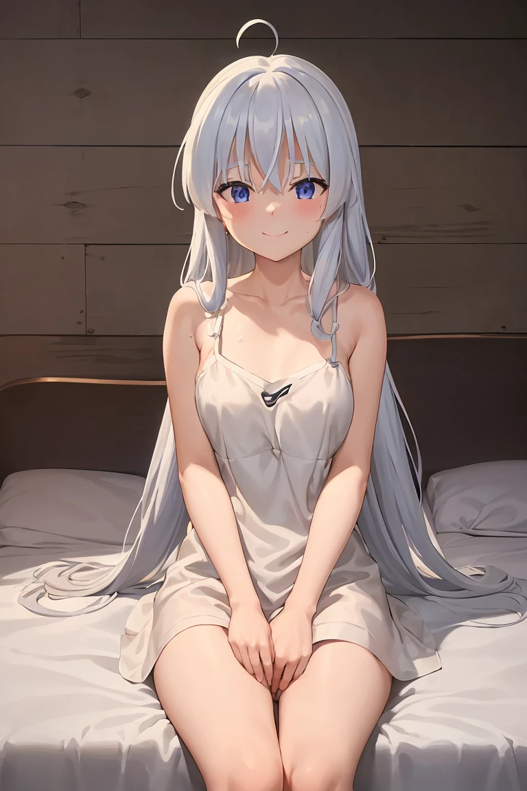 ph elaina, Eoutfit1, elaina (majo no tabitabi), (masterpiece:1.6, best quality), solo, long hair, ahoge, hair between eyes, collarbone, blue eyes, bangs, white hair, Big breasts, bare shoulders, shiny hair, camisole, spaghetti strap, white shirt, purple eyes, shiny, sleeveless shirt, blush, very long hair, sidelocks, sleeveless dress, dress, sitting, on bed, armpts sweat, armpit sweat, smile, sweat , thigh sweat, spread legs