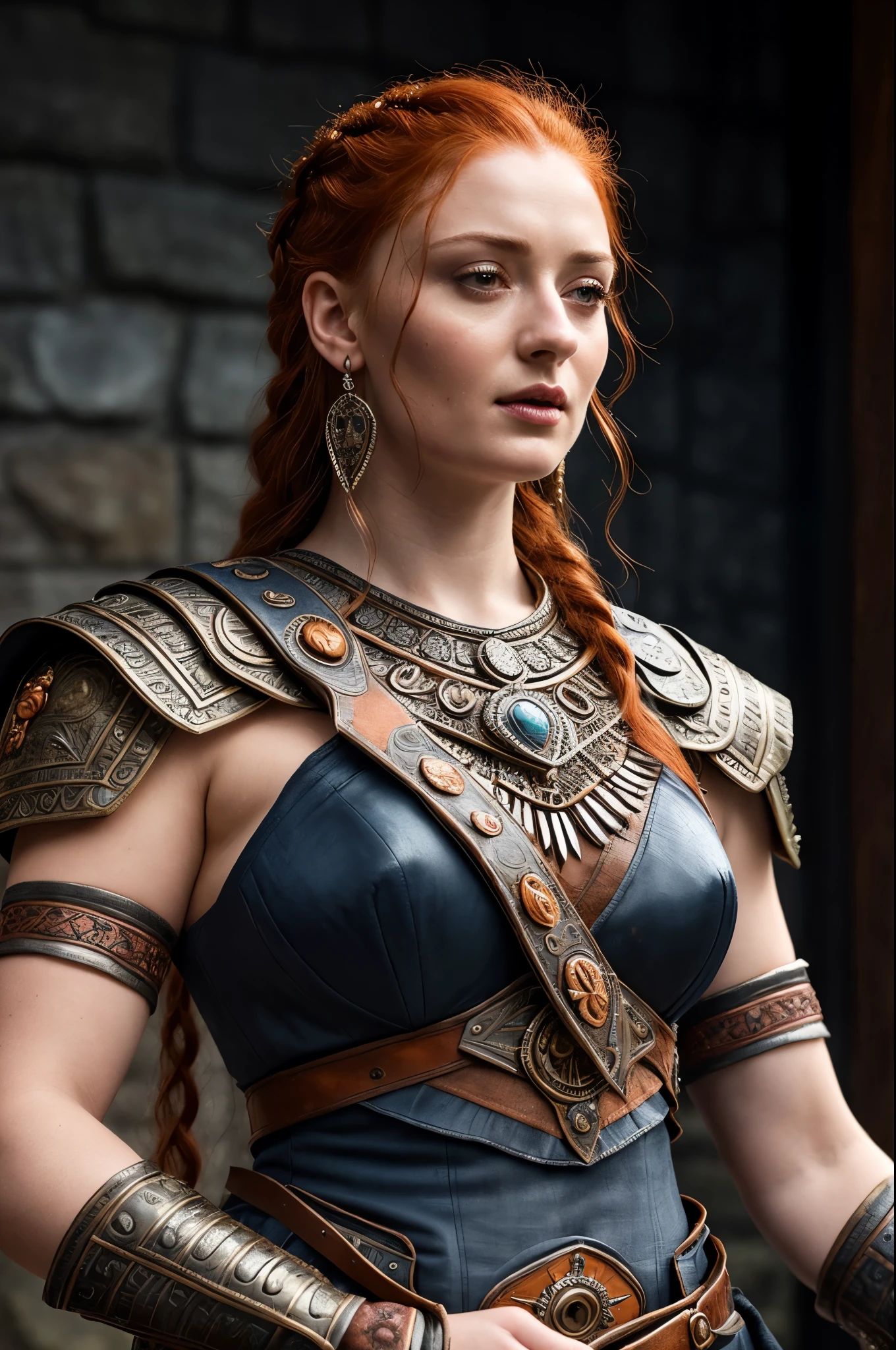 Face of Sophie Turner, Sansa Stark played by Sophie Turner, the de facto Lady of the Eyrie, is a 40-year-old mature queen with a stunning, alluring appearance. Full Face, Full figured woman, pierced eyes, reddish lips, upper body shot, erotic Mediaeval costumes, game of thrones costumes, She wears a Game of Thrones-inspired costume and has a deep cleavage, a perfect thick body, and a perfect thick figure. The photograph captures her in a close-up, with her skin texture and facial features being ultra-realistic and realistic. Juicy thick figure, high quality skin, Skin pores, amazing details, snow, snow flakes, semi realistic, extremely detailed eyes, dark moody orange and black settings, cool environment, artificial intelligence