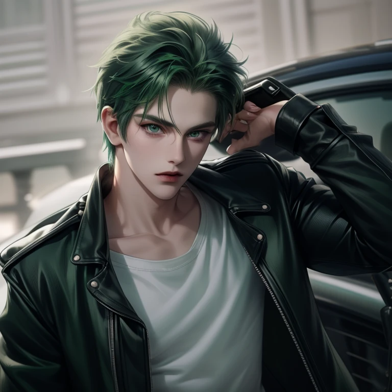 With motorcycle, Boy, green hair, green eyes, sharp features, white skin, green t-shirt