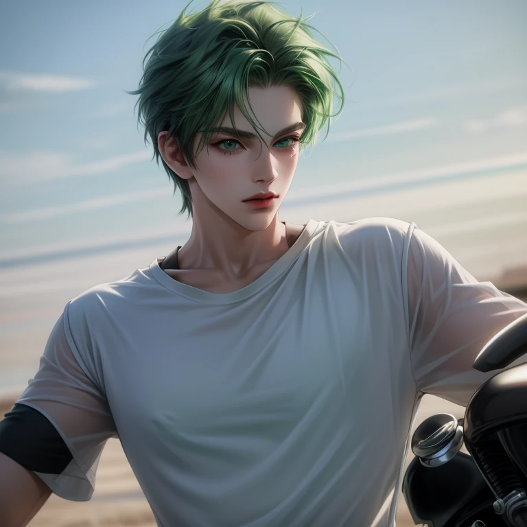 With motorcycle, Boy, green hair, green eyes, sharp features, white skin, green t-shirt