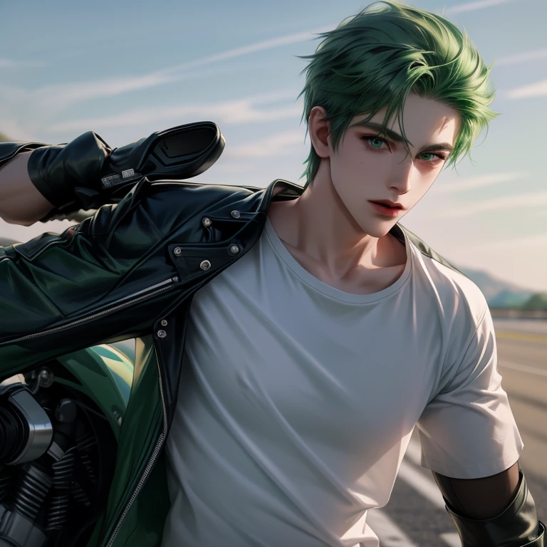 With motorcycle, Boy, green hair, green eyes, sharp features, white skin, green t-shirt