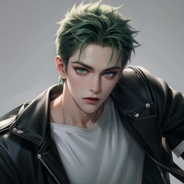 With motorcycle, Boy, green hair, green eyes, sharp features, white skin, green t-shirt