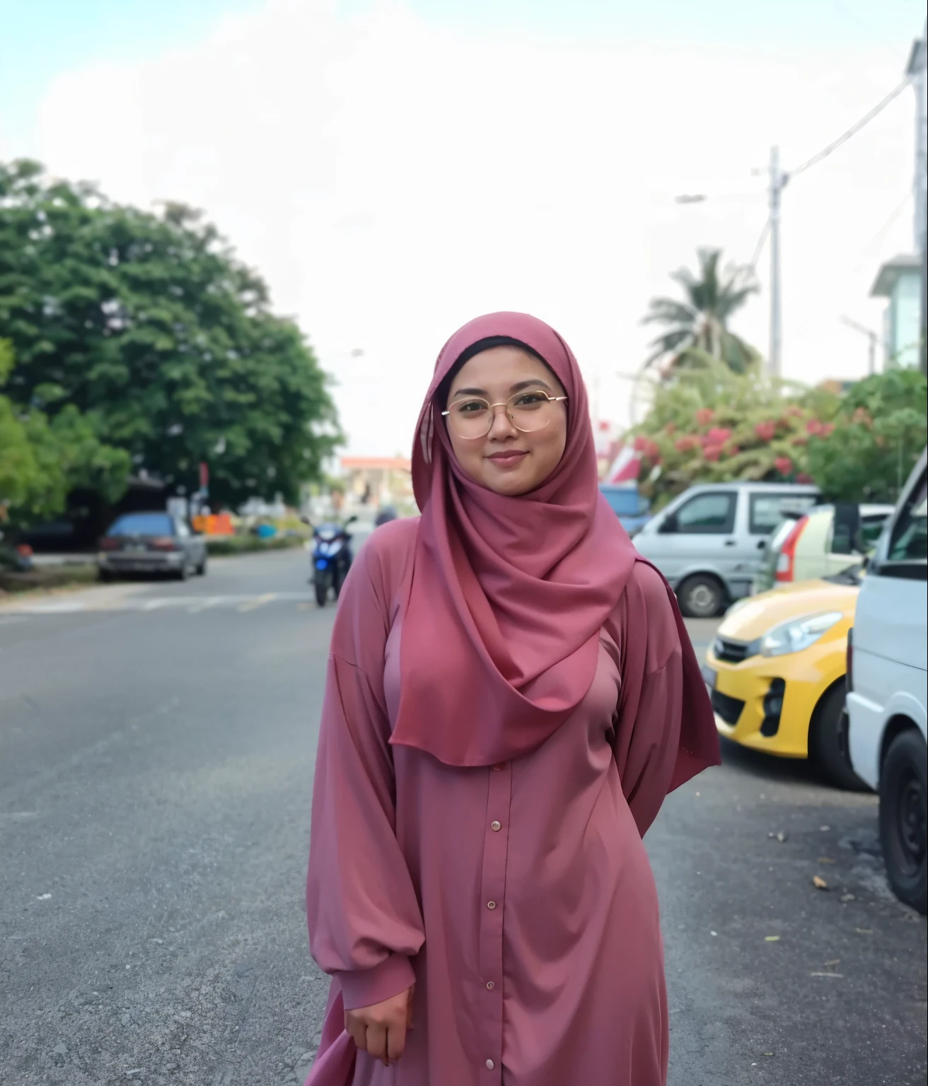 there is a woman standing on the street in a pink hijab and wearing bikini, inspired by Naza, malaysian, hijab, inspired by Nazmi Ziya Guran, inspired by Fathi Hassan, student, inspired by Shaddy Safadi, faridah malik, inspired by JoWOnder, inspired by Ismail Acar, cute woman, taken at golden hour, in city street