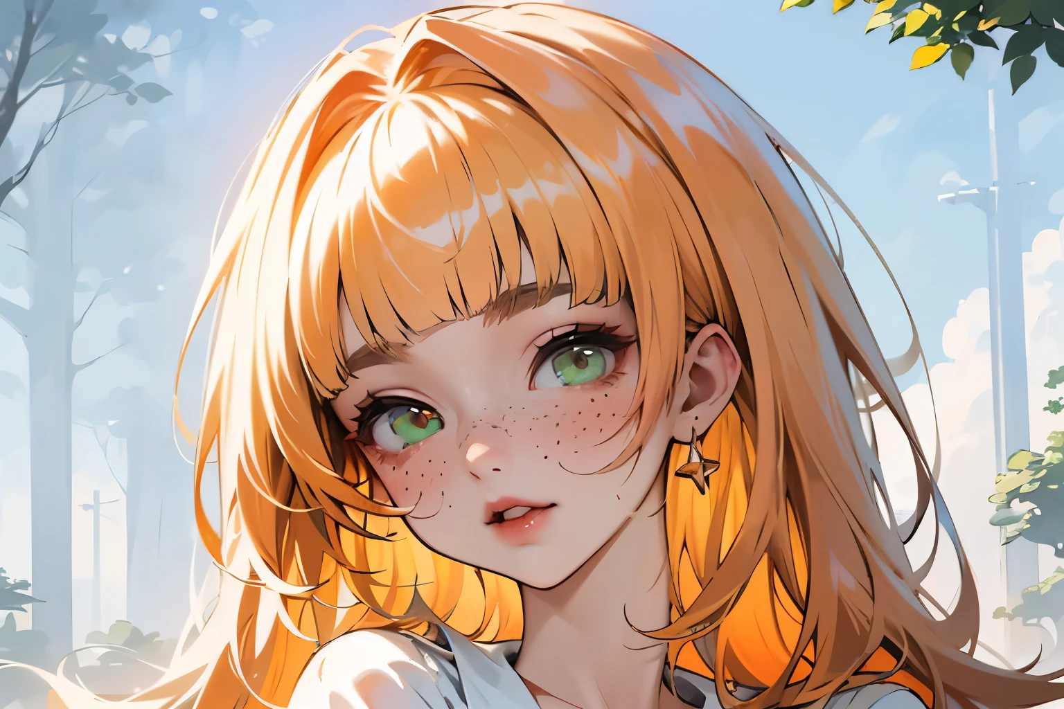 ((mejor calidad)), ((obra maestra)), (detallado), 1 chica, white woman, big, bright green eyes, freckles on her face, long straight orange hair with red gradient downwards, orange bangs on her forehead, in the middle of nature, cute anime animation style