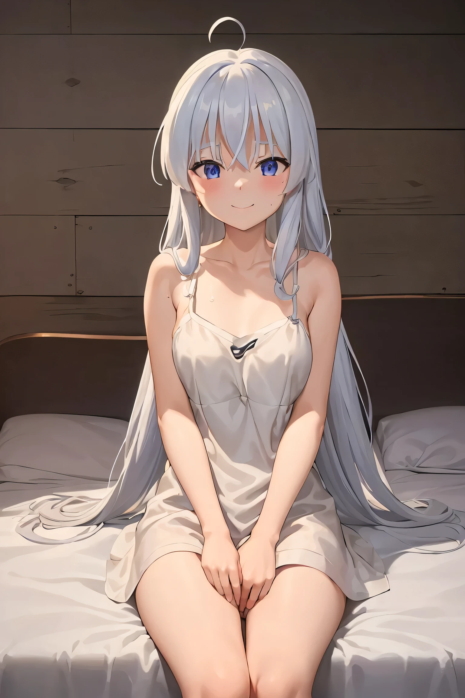 ph elaina, Eoutfit1, elaina (majo no tabitabi), (masterpiece:1.6, best quality), solo, long hair, ahoge, hair between eyes, collarbone, blue eyes, bangs, white hair, Big breasts, bare shoulders, shiny hair, camisole, spaghetti strap, white shirt, purple eyes, shiny, sleeveless shirt, blush, very long hair, sidelocks, sleeveless dress, dress, sitting, on bed, armpts sweat, armpit sweat, smile, sweat , thigh sweat, spread legs