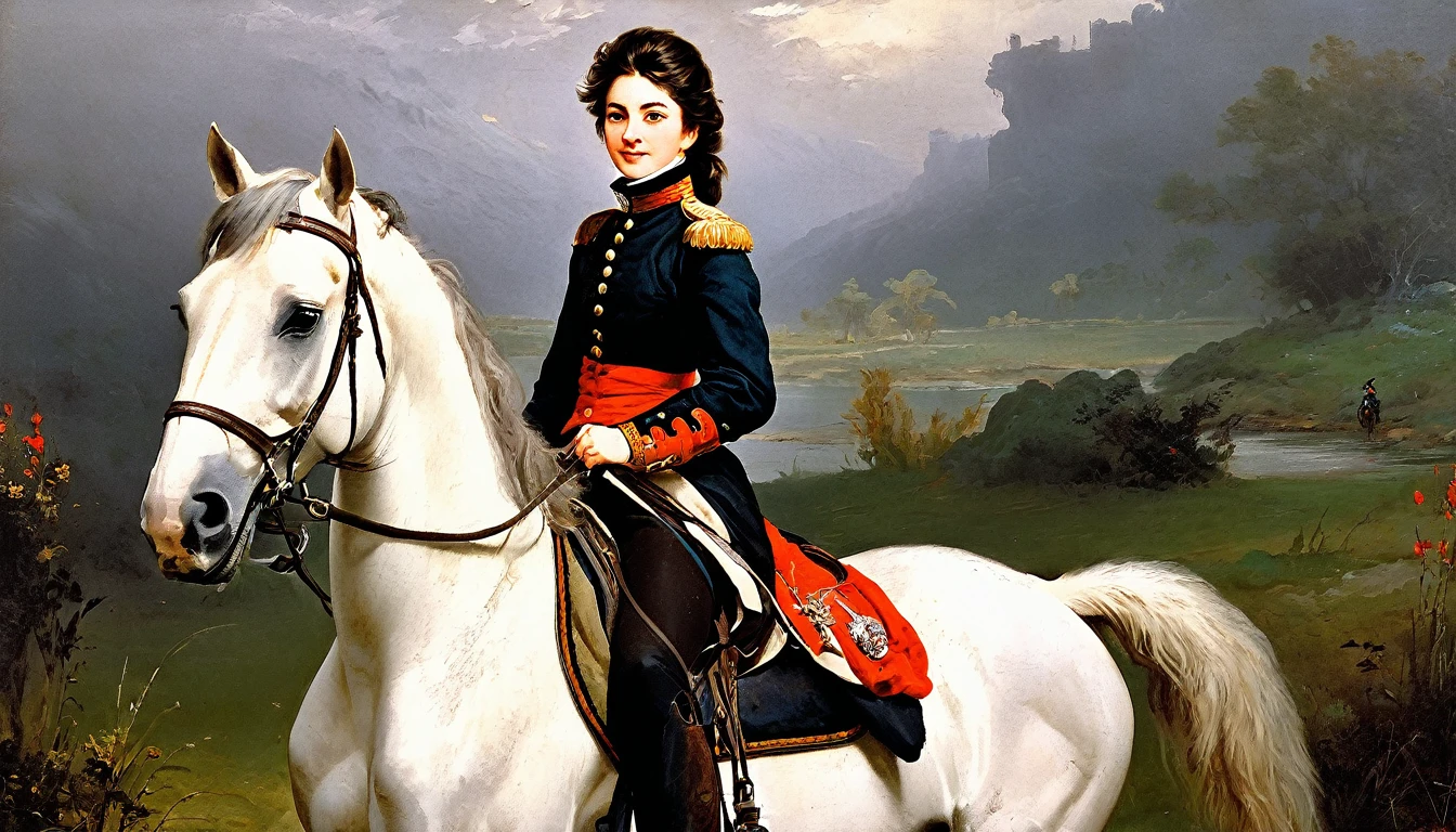 [whole body], charming young pretty warrior woman, brunette, on horseback, smiling slightly mysteriously over her shoulder, averting her eyes, in a military cavalry uniform, 18th century, military battle (Adolphe Piot style)), dark Renaissance, (fog, very shabby gradient), ((palette/oil painting with a palette knife)), ((masterpiece)), single shot, image quality:1.2, maximum detail, perspective:1.67, 8k