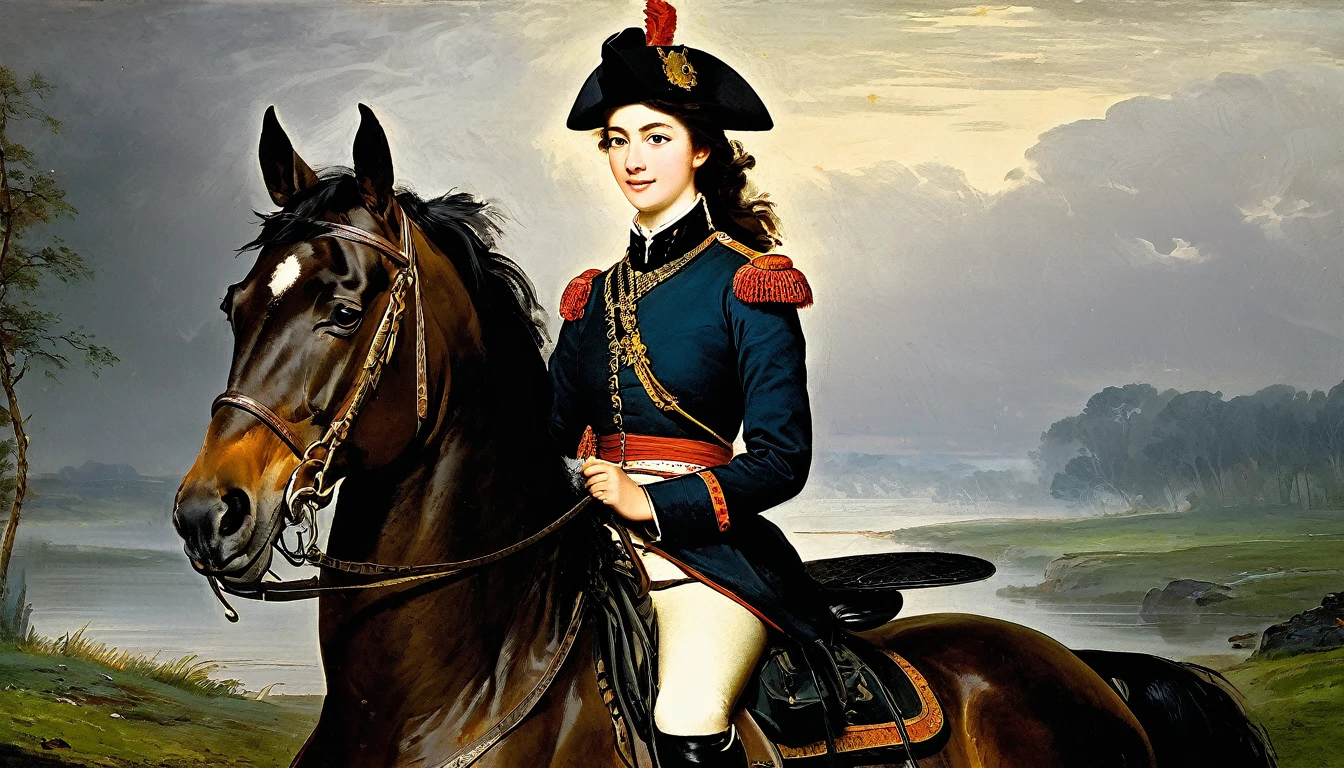 [whole body], charming young pretty warrior woman, brunette, on horseback, smiling slightly mysteriously over her shoulder, averting her eyes, in a military cavalry uniform, 18th century, military battle (Adolphe Piot style)), dark Renaissance, (fog, very shabby gradient), ((palette/oil painting with a palette knife)), ((masterpiece)), single shot, image quality:1.2, maximum detail, perspective:1.67, 8k