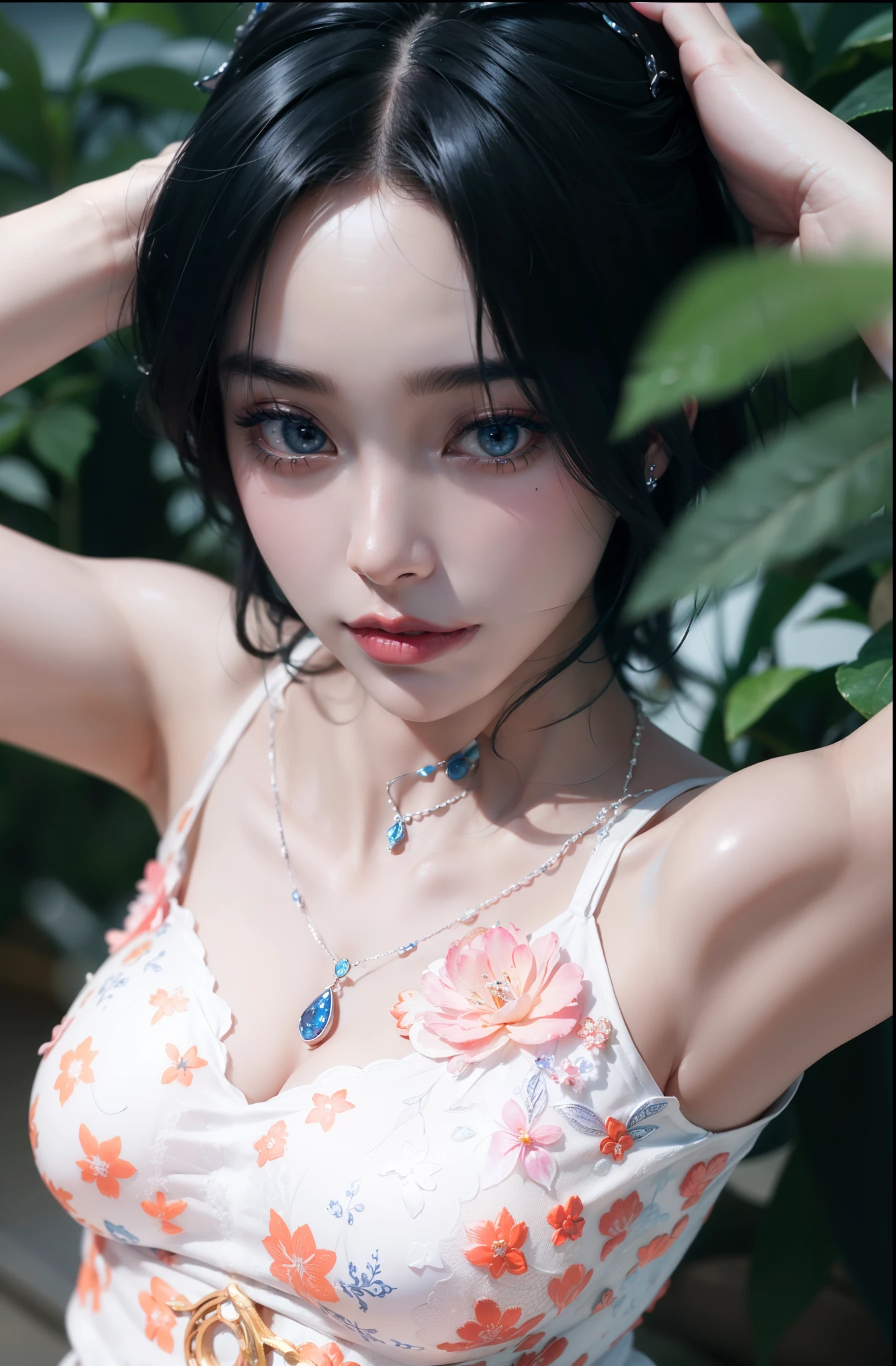 Super detailed, Delicate face, Realistic style, Stock Photography , rich and colorful, Surrealism, Realistic textures, Dramatic Lighting, Thin Film Distiller 800 (8K, original photo, Better quality, masterpiece: 1.2), Super detailed, (Extremely delicate skin: 1.2), 8K Ultra HD, SLR camera, Soft Light, high quality,Snow Queen,ice castle,Blue pupils,Apply red lipstick,Tattoo goddess,With tattoo pattern,Ultra-clear portrait,Wearing necklace jewelry,apply lipstick,Wear heavy makeup,The facial texture is very clear,Beautiful tattoos on the body,Deep blue eyes(Sapphire-like pupils),A crown of luxury,Diamond necklace,Tattoos are exposed,Lace print dress,Magical girl,Raise your hands,Showing armpit hair